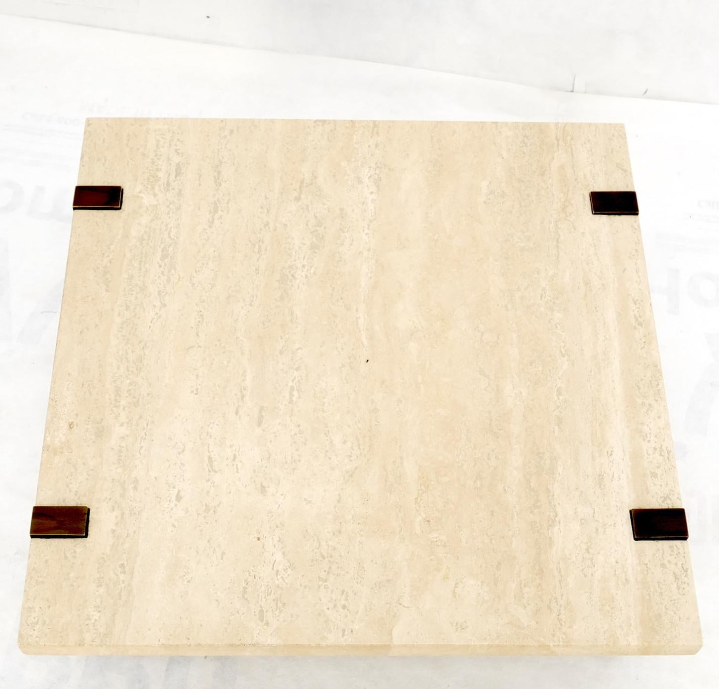 EstablishedLines Solid Bronze Base Thick Square Solid Travertine Top Coffee Center Table Mint!