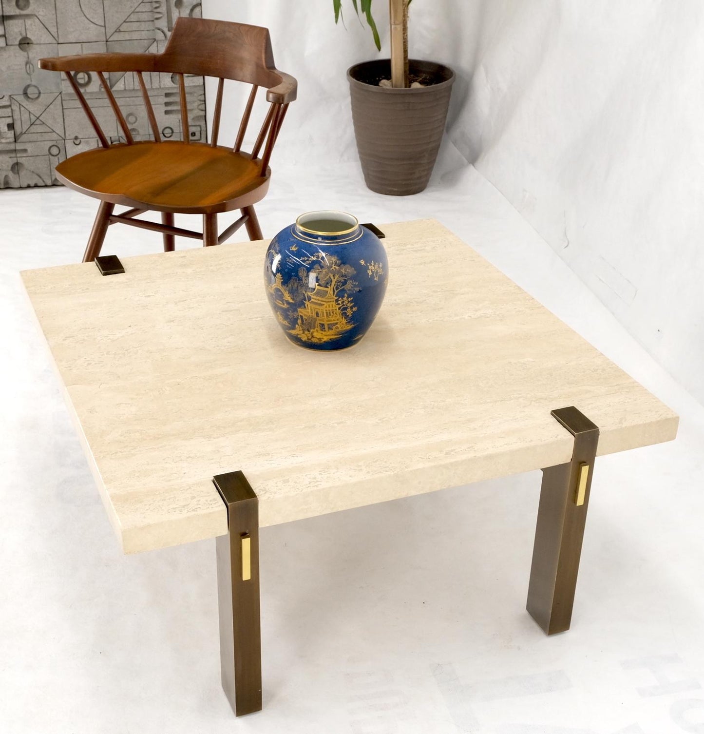 EstablishedLines Solid Bronze Base Thick Square Solid Travertine Top Coffee Center Table Mint!