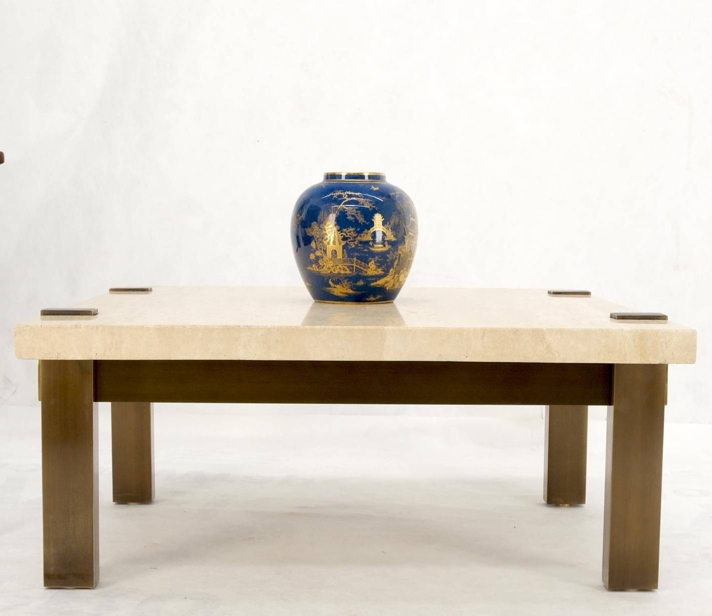 EstablishedLines Solid Bronze Base Thick Square Solid Travertine Top Coffee Center Table Mint!
