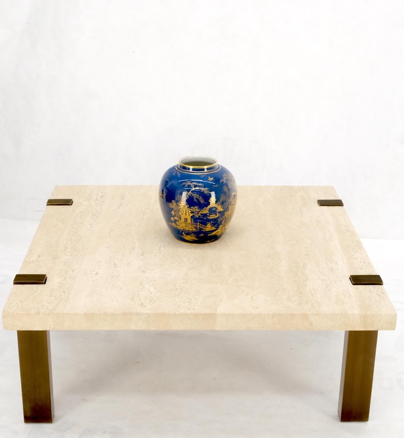 EstablishedLines Solid Bronze Base Thick Square Solid Travertine Top Coffee Center Table Mint!