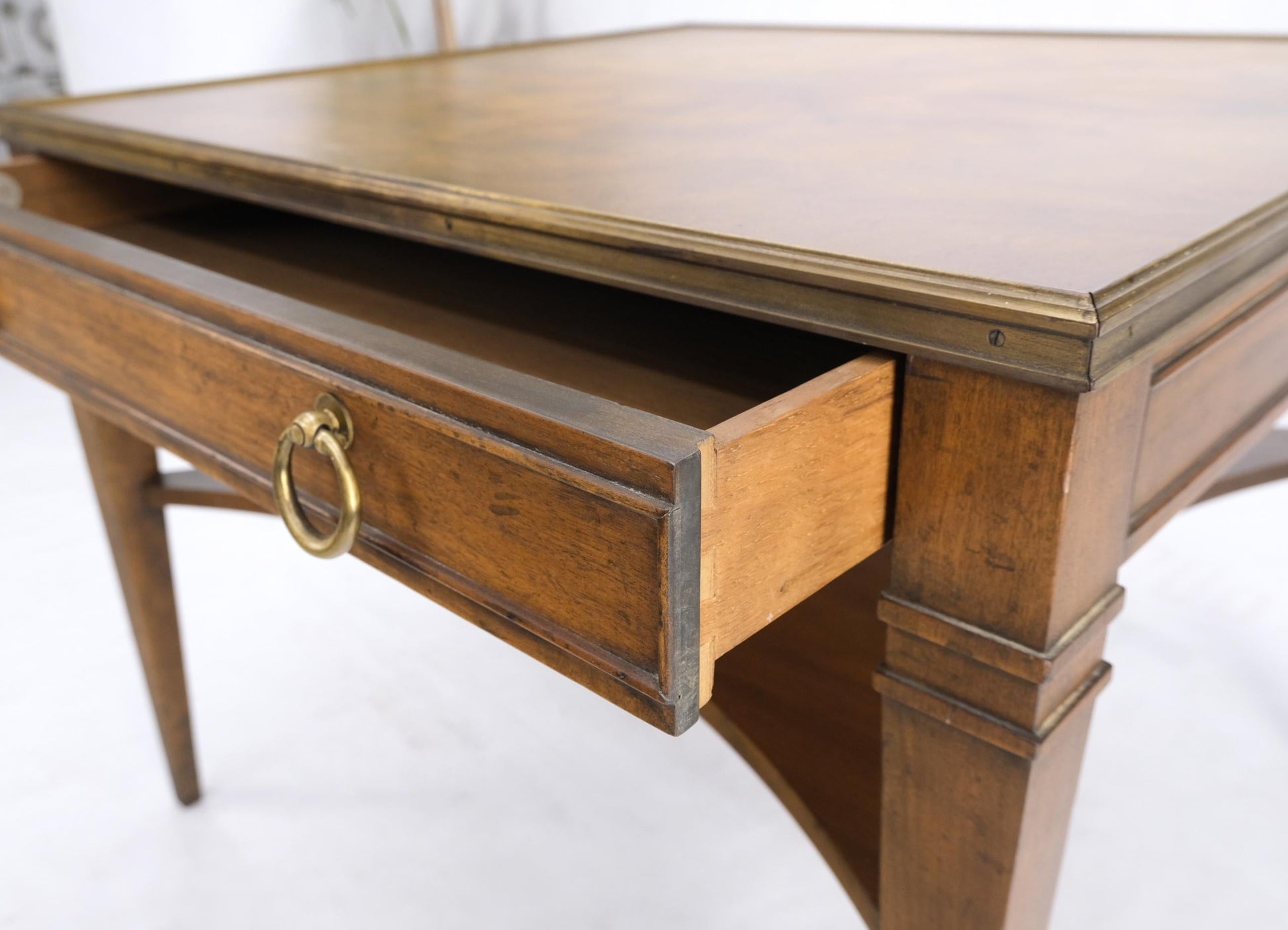 EstablishedLines Baker Burl Walnut Square Brass Gallery Top Drawer Side Lamp Table Night Stand
