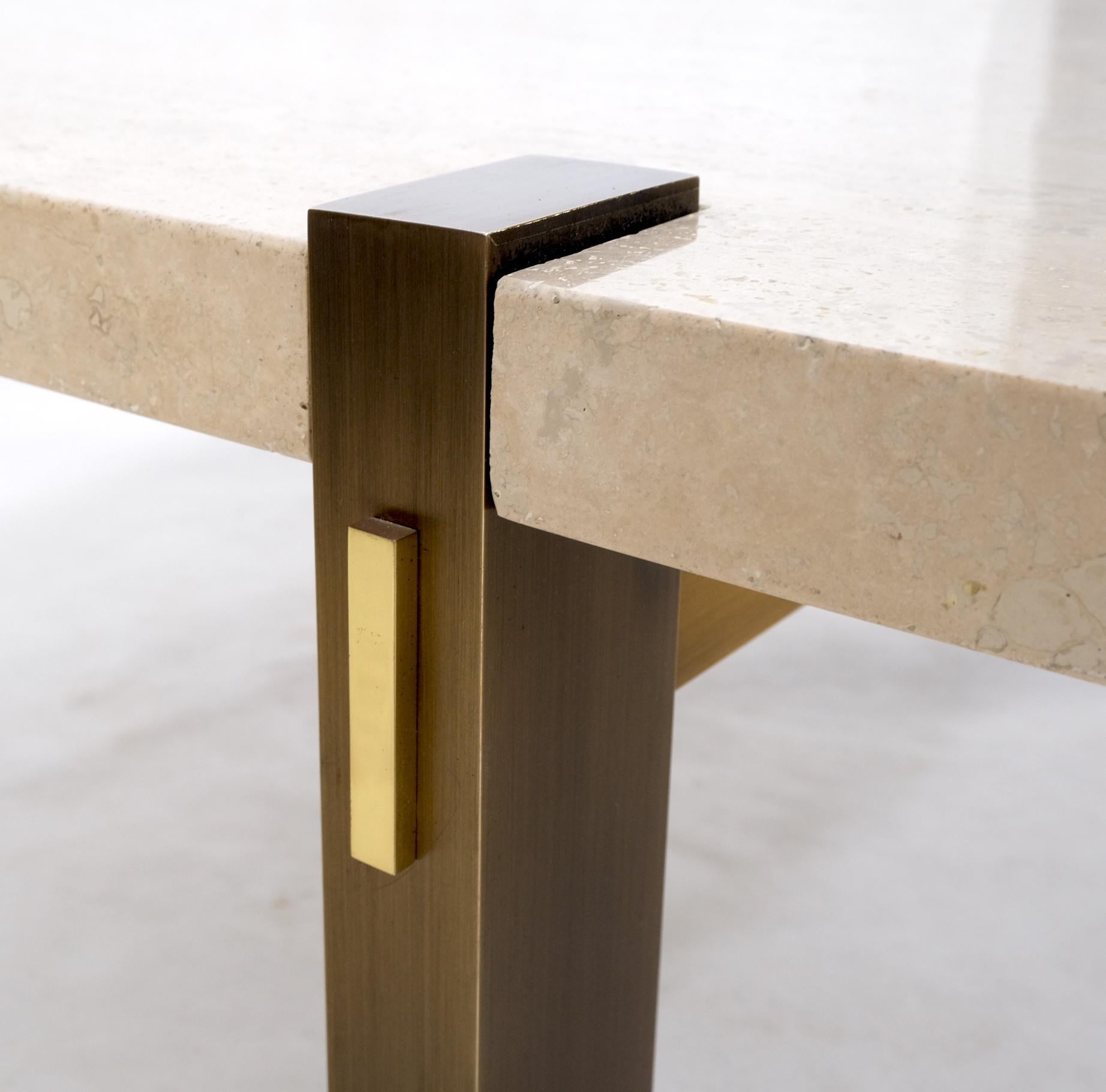 EstablishedLines Solid Bronze Base Thick Square Solid Travertine Top Coffee Center Table Mint!