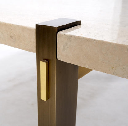 EstablishedLines Solid Bronze Base Thick Square Solid Travertine Top Coffee Center Table Mint!