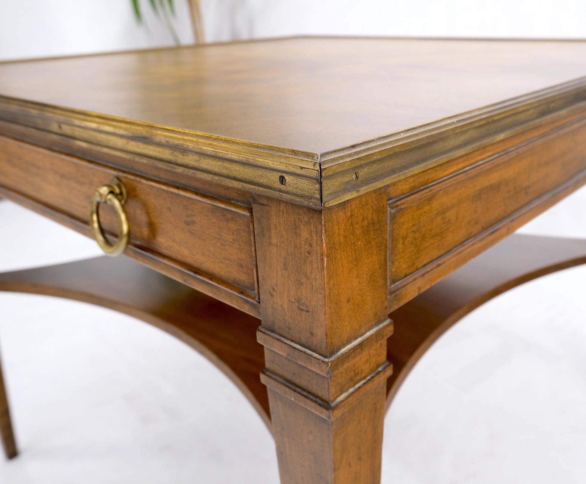 EstablishedLines Baker Burl Walnut Square Brass Gallery Top Drawer Side Lamp Table Night Stand