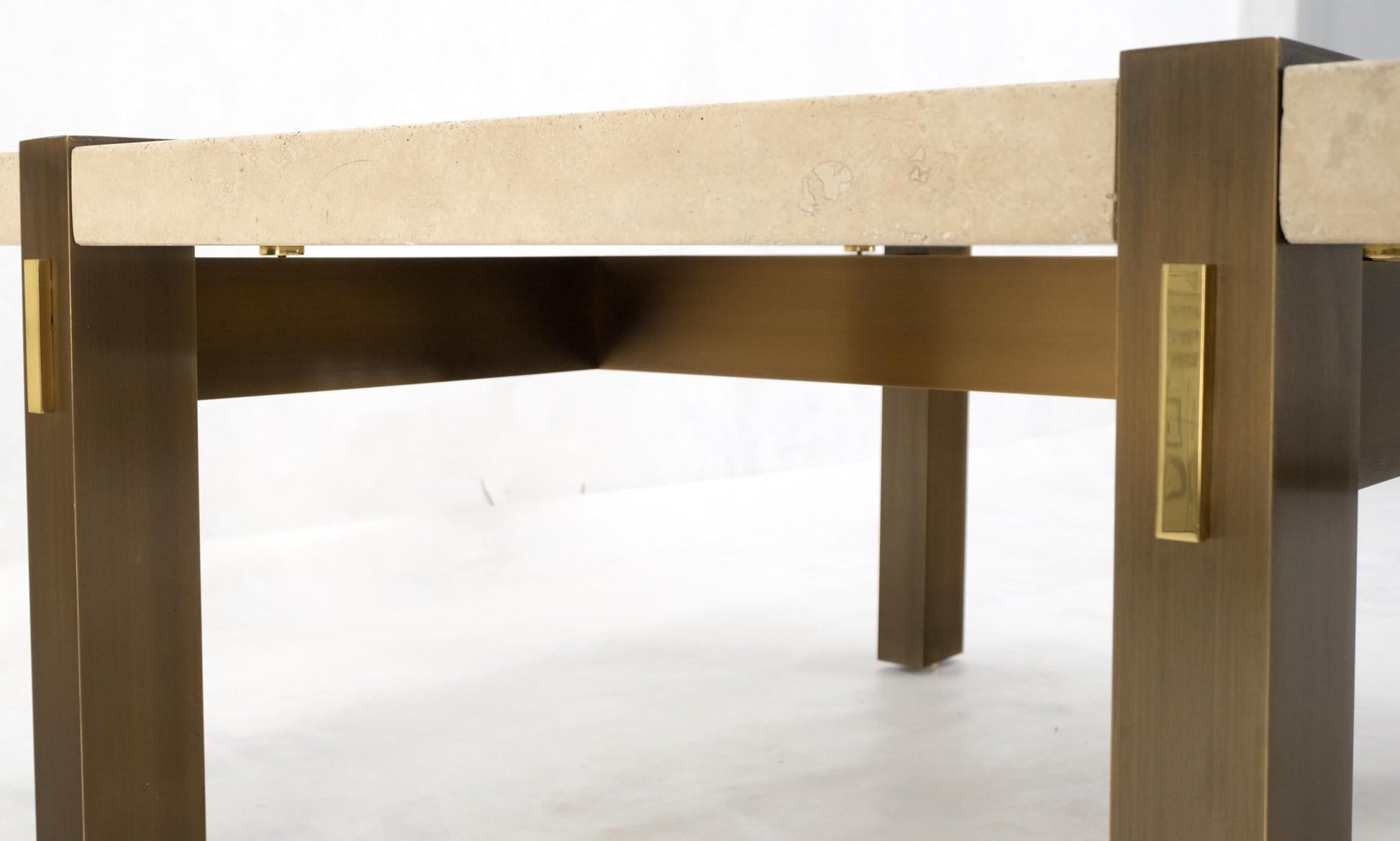 EstablishedLines Solid Bronze Base Thick Square Solid Travertine Top Coffee Center Table Mint!
