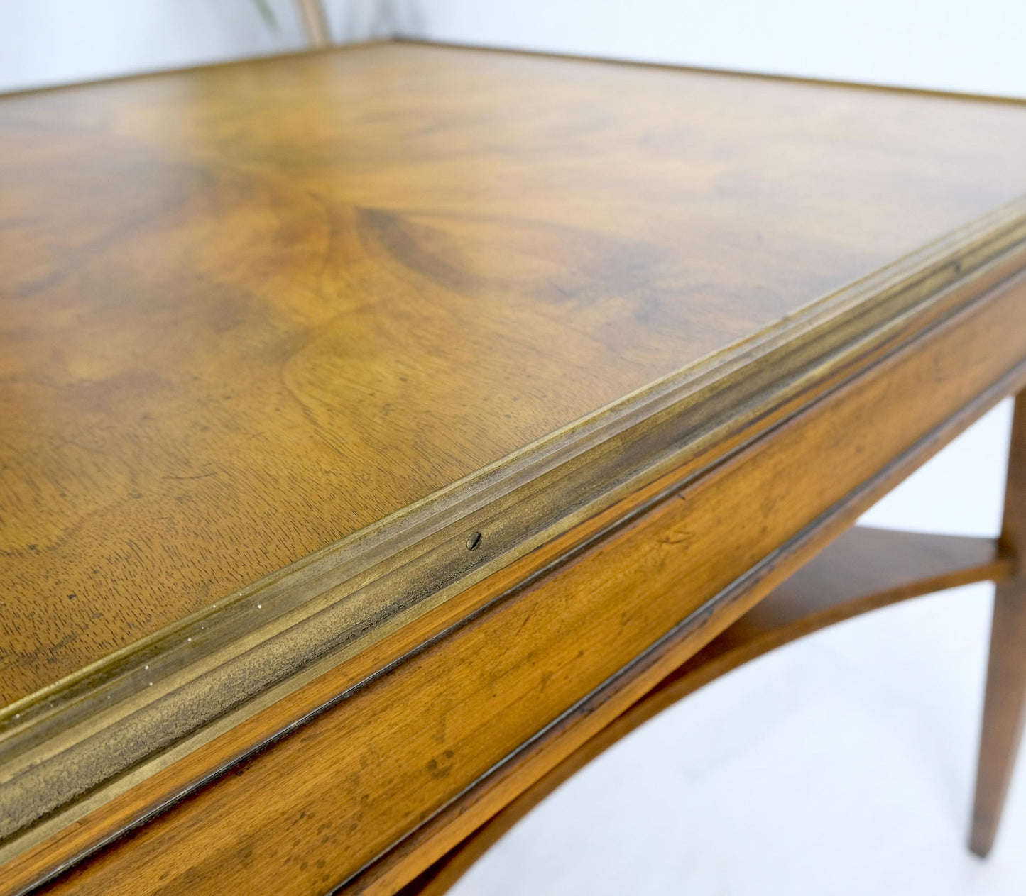 EstablishedLines Baker Burl Walnut Square Brass Gallery Top Drawer Side Lamp Table Night Stand