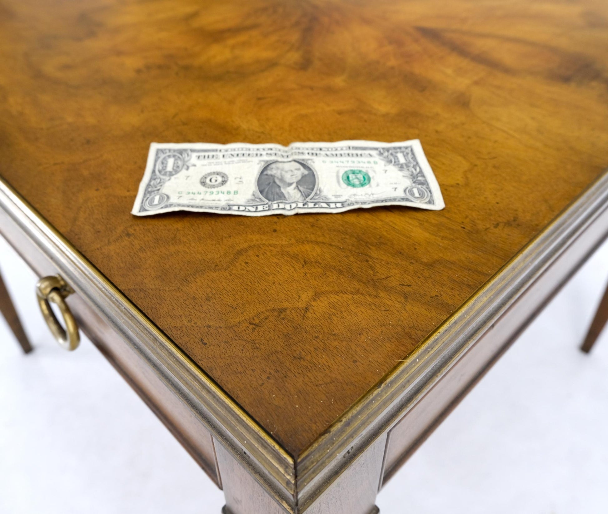 EstablishedLines Baker Burl Walnut Square Brass Gallery Top Drawer Side Lamp Table Night Stand