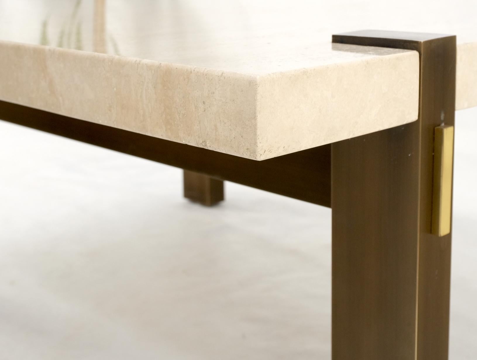 EstablishedLines Solid Bronze Base Thick Square Solid Travertine Top Coffee Center Table Mint!