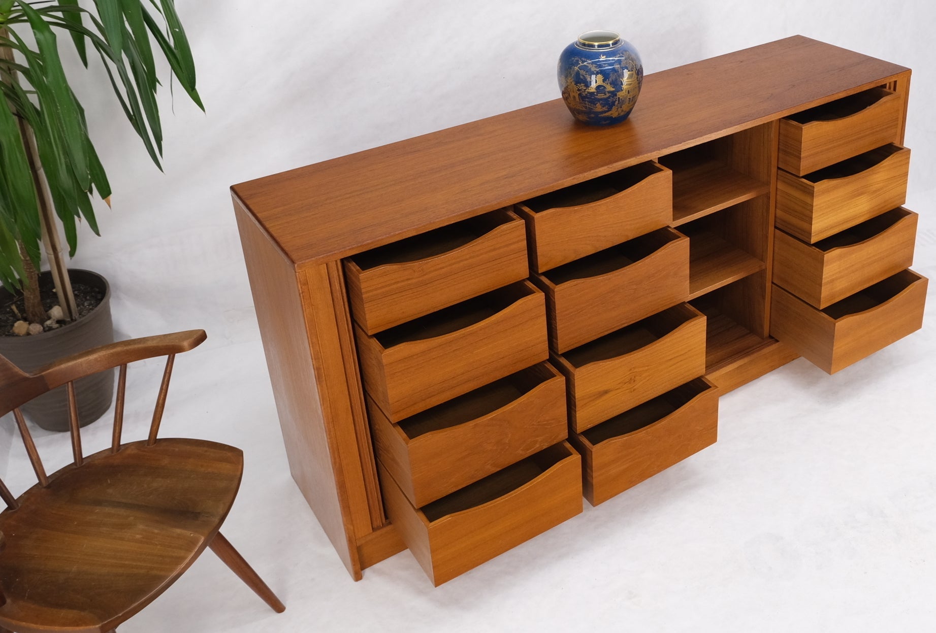 EstablishedLines Tambour Doors 12 Deep Drawers 3 Shelves Danish Teak Mid-Century Modern Credenza