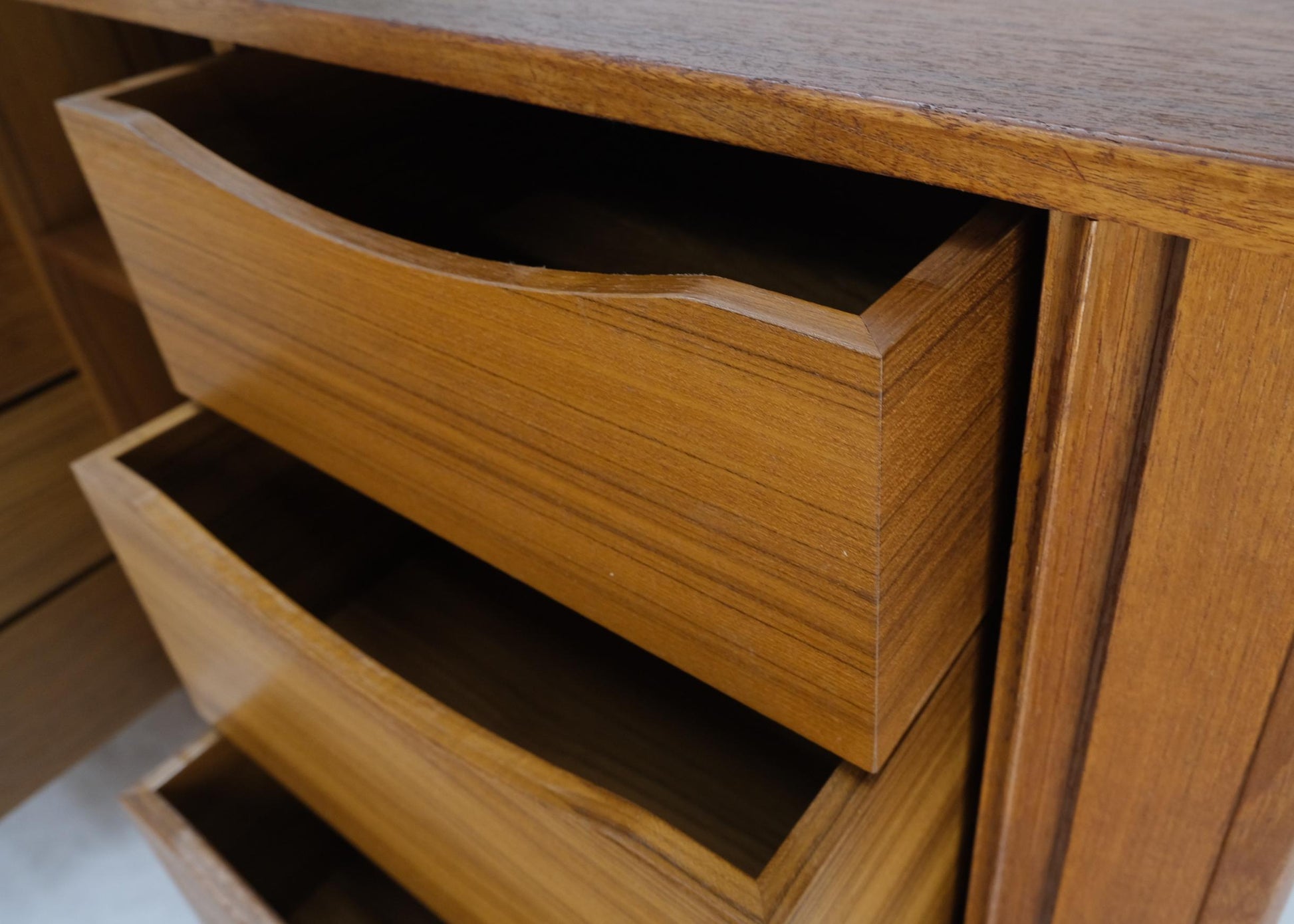 EstablishedLines Tambour Doors 12 Deep Drawers 3 Shelves Danish Teak Mid-Century Modern Credenza