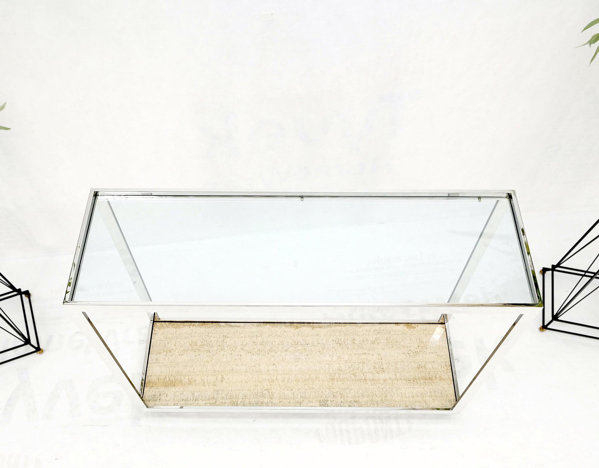 EstablishedLines Polished Stainless Steel Glass Top Travertine Bottom Rectangle Console Table
