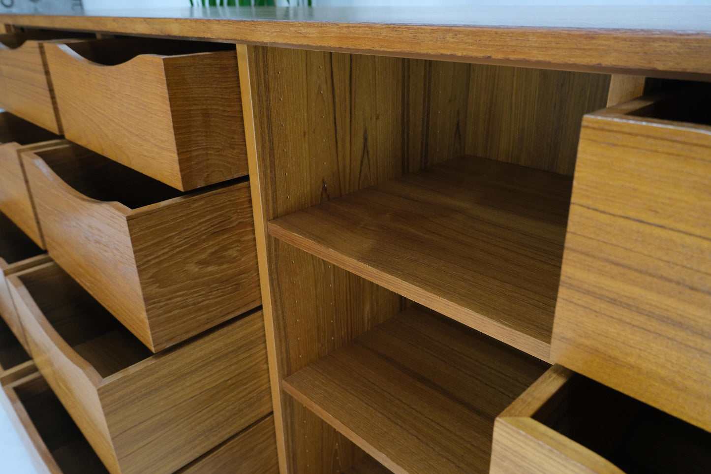 EstablishedLines Tambour Doors 12 Deep Drawers 3 Shelves Danish Teak Mid-Century Modern Credenza