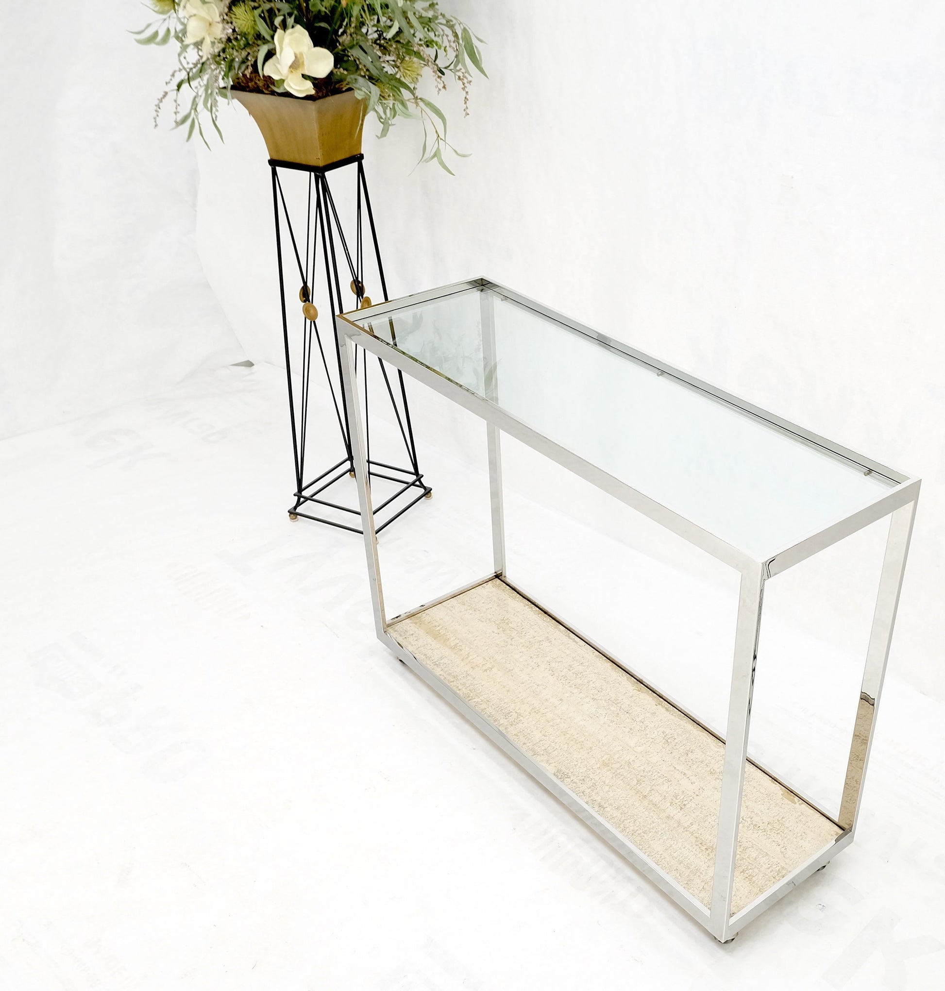 EstablishedLines Polished Stainless Steel Glass Top Travertine Bottom Rectangle Console Table
