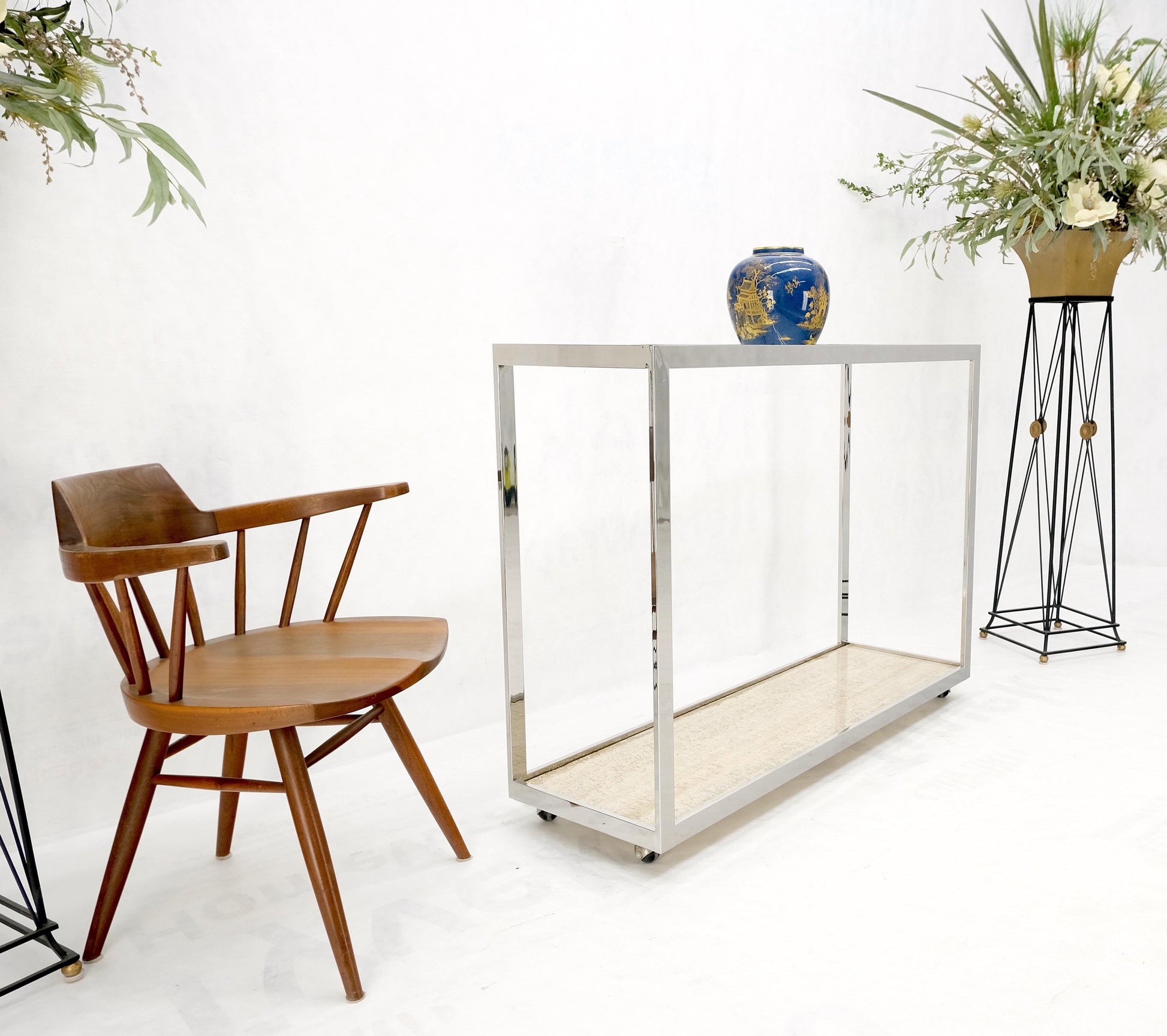 EstablishedLines Polished Stainless Steel Glass Top Travertine Bottom Rectangle Console Table