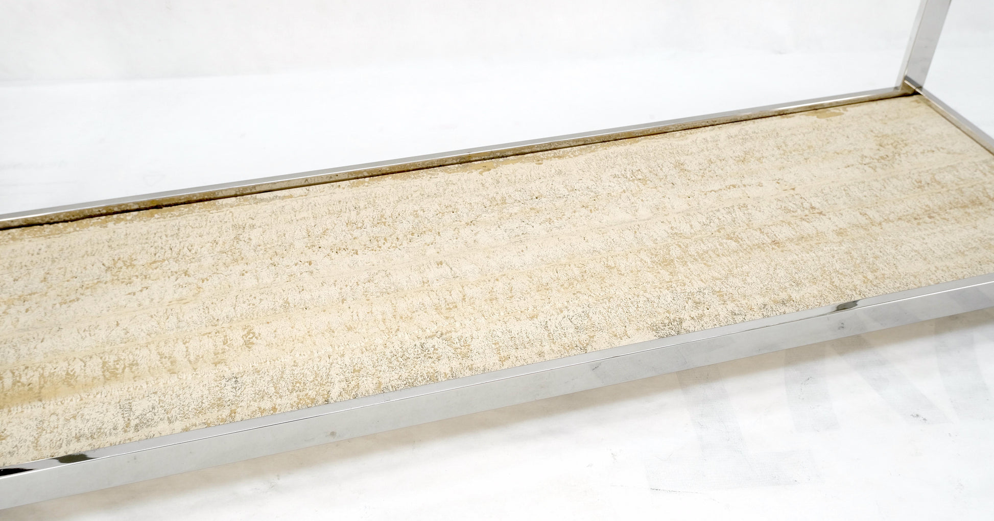 EstablishedLines Polished Stainless Steel Glass Top Travertine Bottom Rectangle Console Table