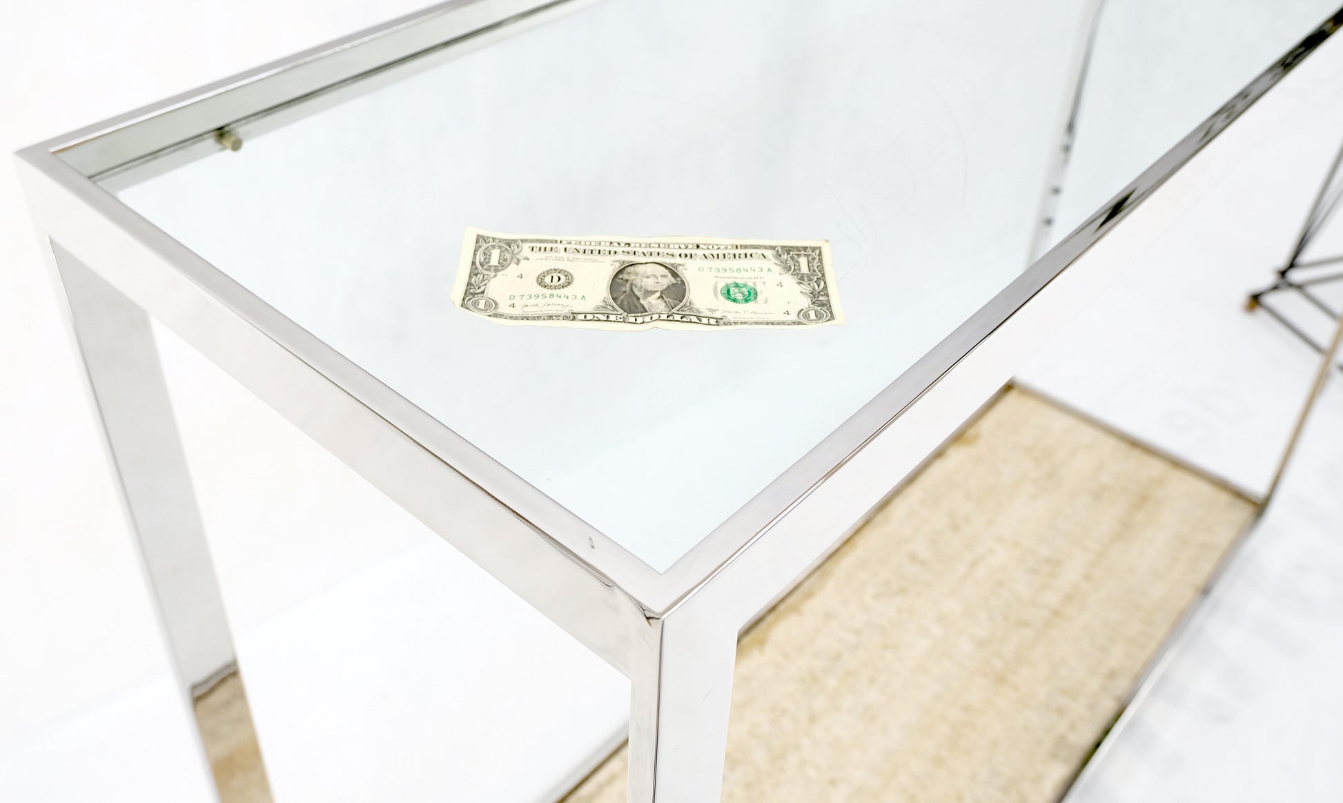 EstablishedLines Polished Stainless Steel Glass Top Travertine Bottom Rectangle Console Table