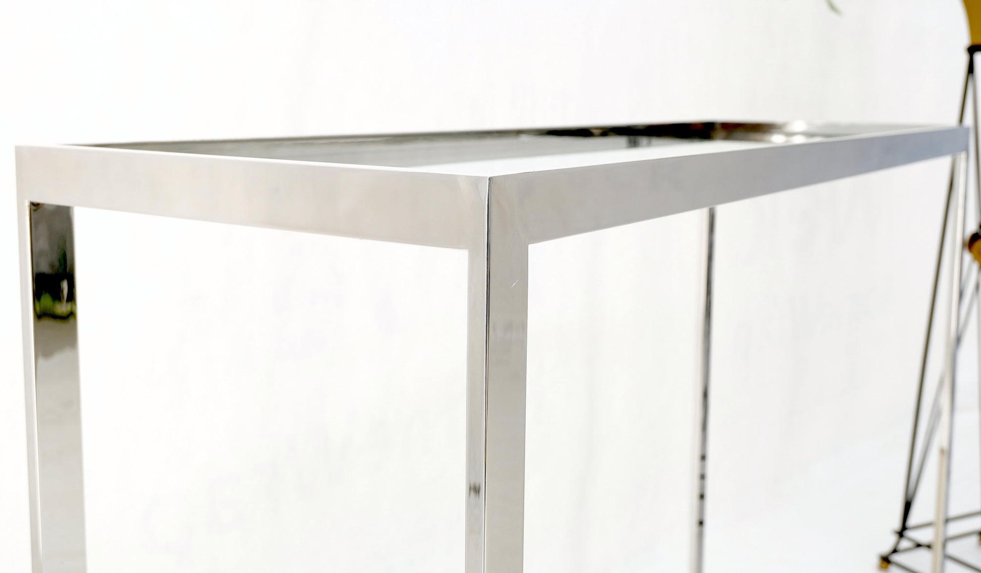 EstablishedLines Polished Stainless Steel Glass Top Travertine Bottom Rectangle Console Table