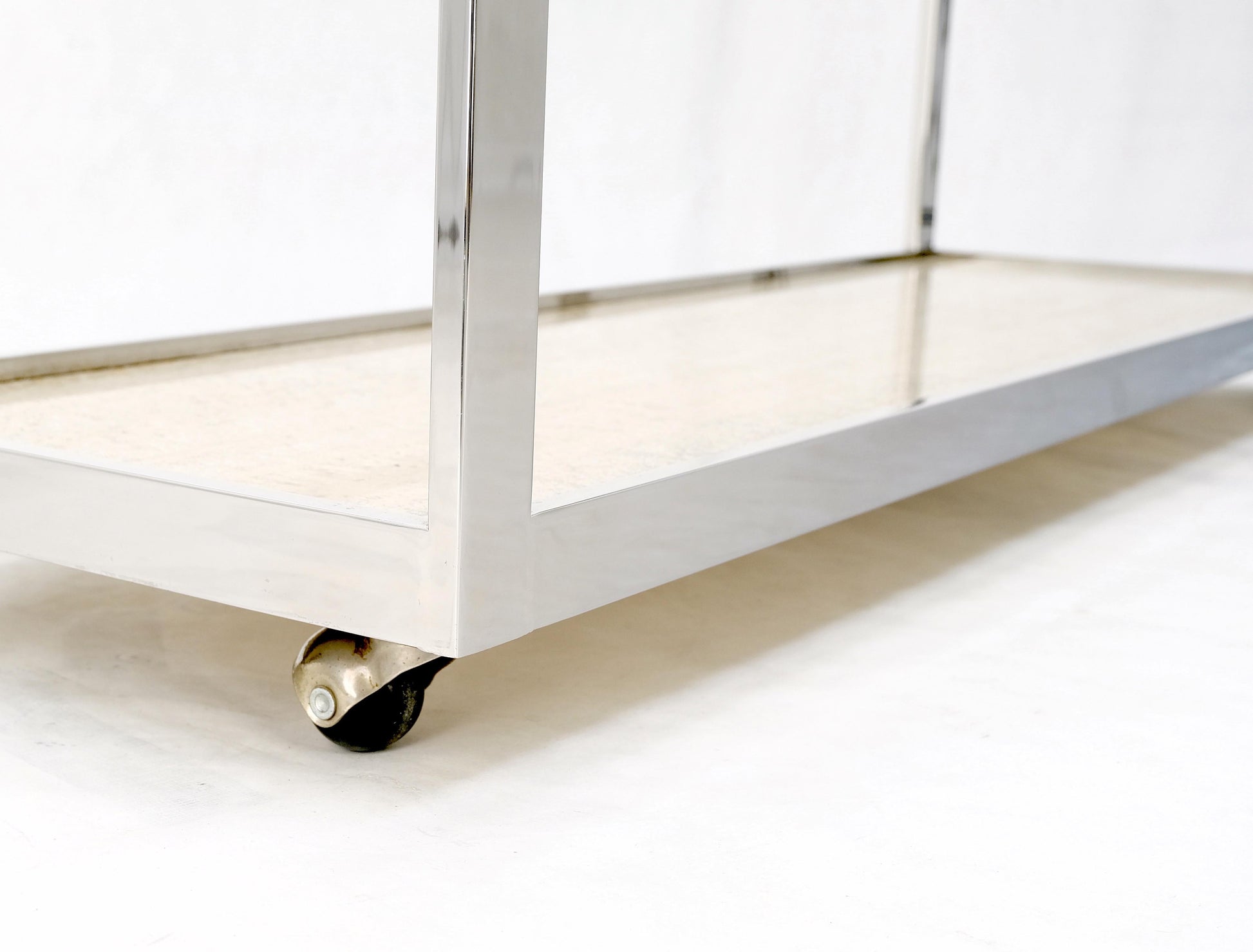EstablishedLines Polished Stainless Steel Glass Top Travertine Bottom Rectangle Console Table