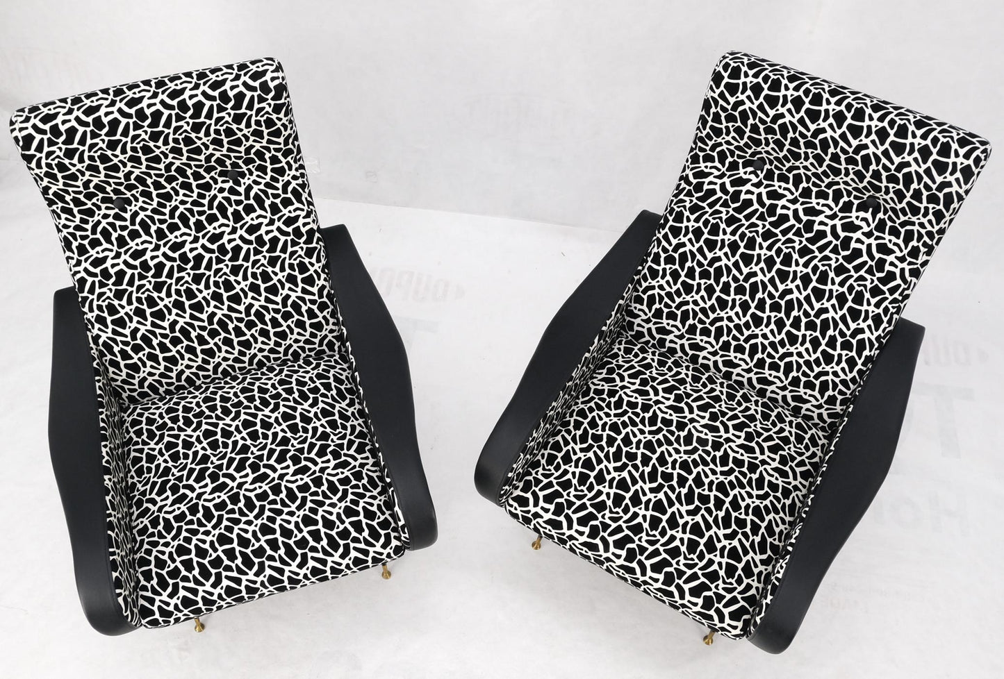 EstablishedLines Pair Black & White Pattern Fabric Italian Mid Century Modern Lounge Chairs Mint