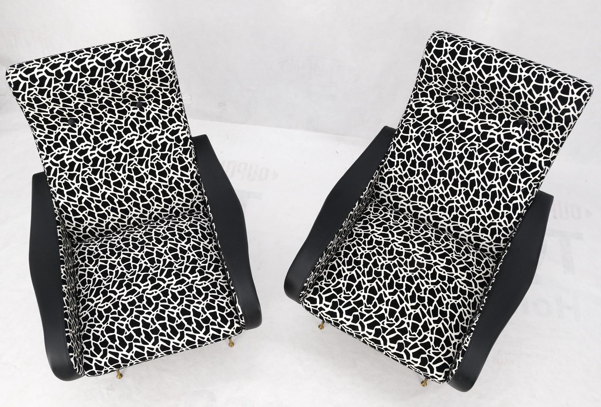 EstablishedLines Pair Black & White Pattern Fabric Italian Mid Century Modern Lounge Chairs Mint