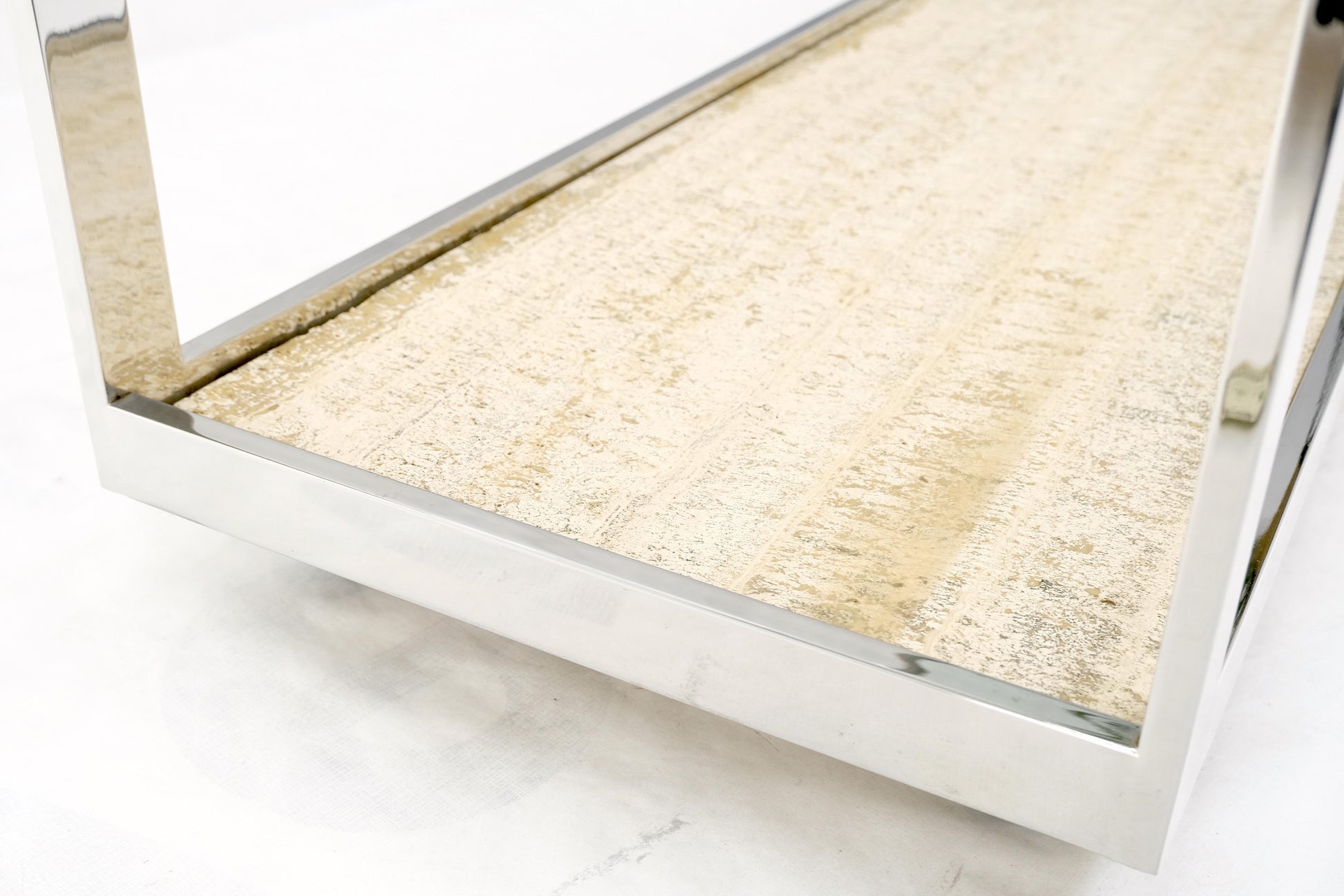 EstablishedLines Polished Stainless Steel Glass Top Travertine Bottom Rectangle Console Table