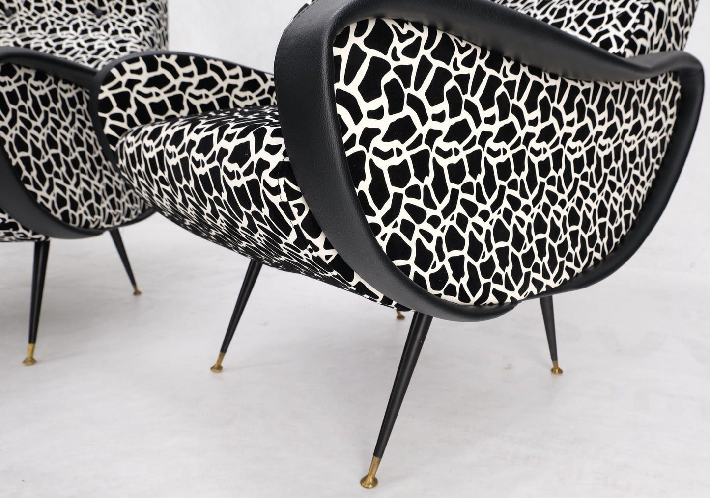EstablishedLines Pair Black & White Pattern Fabric Italian Mid Century Modern Lounge Chairs Mint