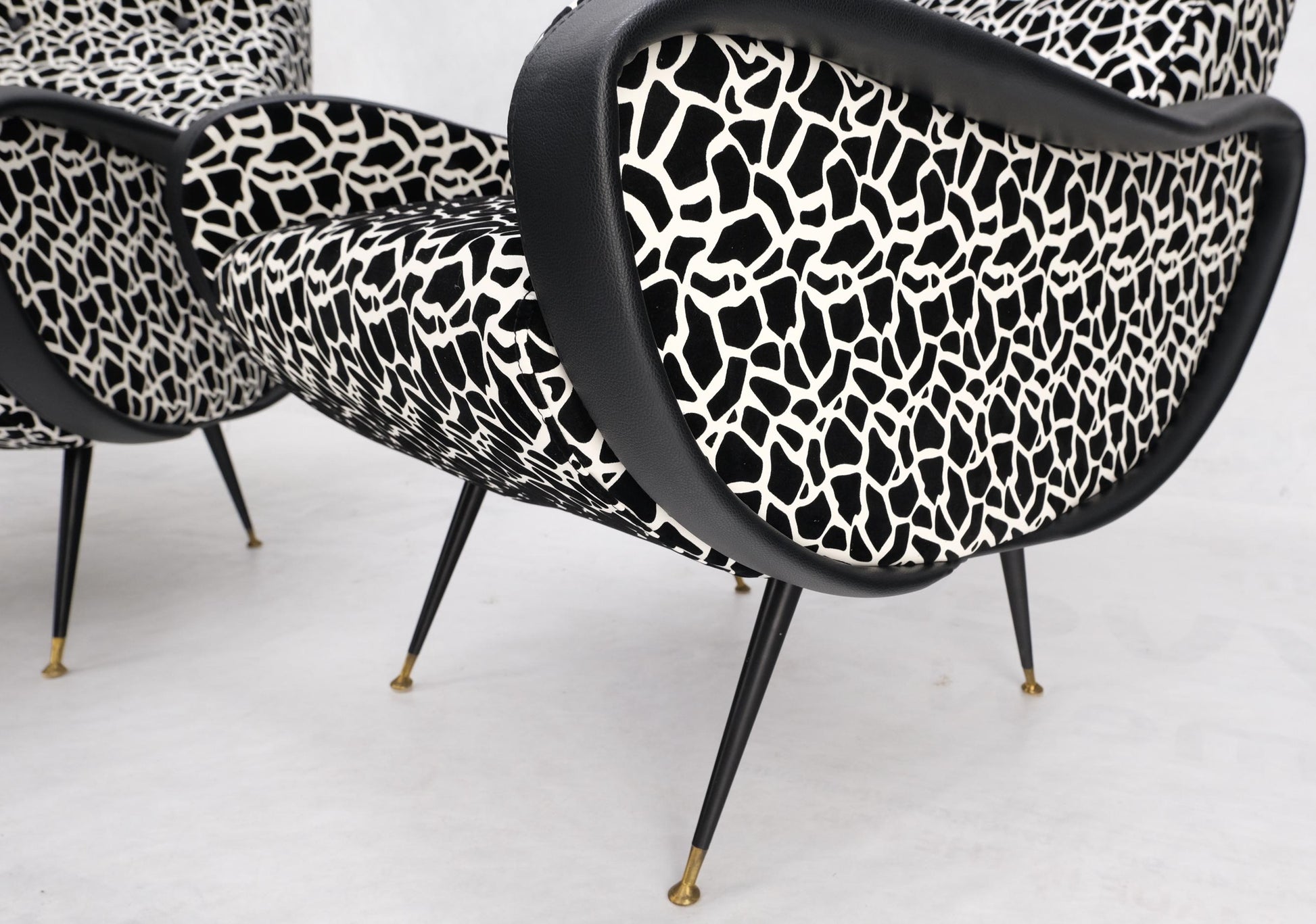 EstablishedLines Pair Black & White Pattern Fabric Italian Mid Century Modern Lounge Chairs Mint