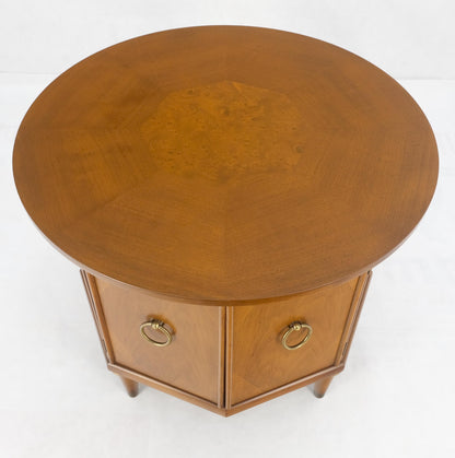 EstablishedLines Round Top Hexagon Two Door Cabinet Base Brass Ring Pulls Walnut Side End Table