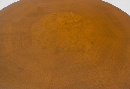 EstablishedLines Round Top Hexagon Two Door Cabinet Base Brass Ring Pulls Walnut Side End Table