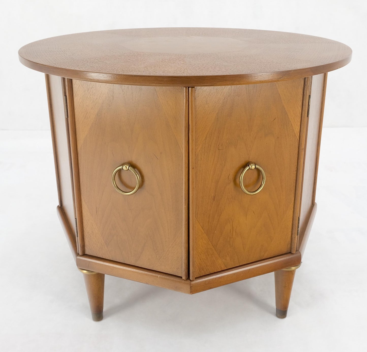 EstablishedLines Round Top Hexagon Two Door Cabinet Base Brass Ring Pulls Walnut Side End Table