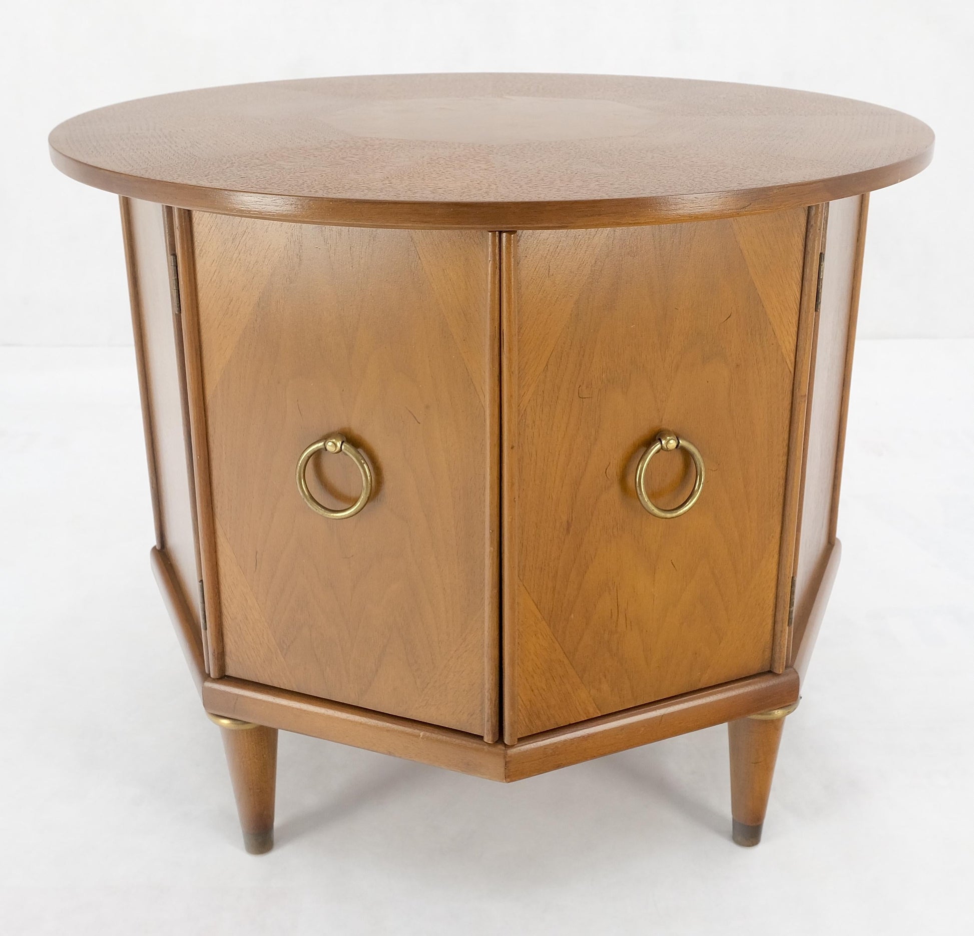 EstablishedLines Round Top Hexagon Two Door Cabinet Base Brass Ring Pulls Walnut Side End Table