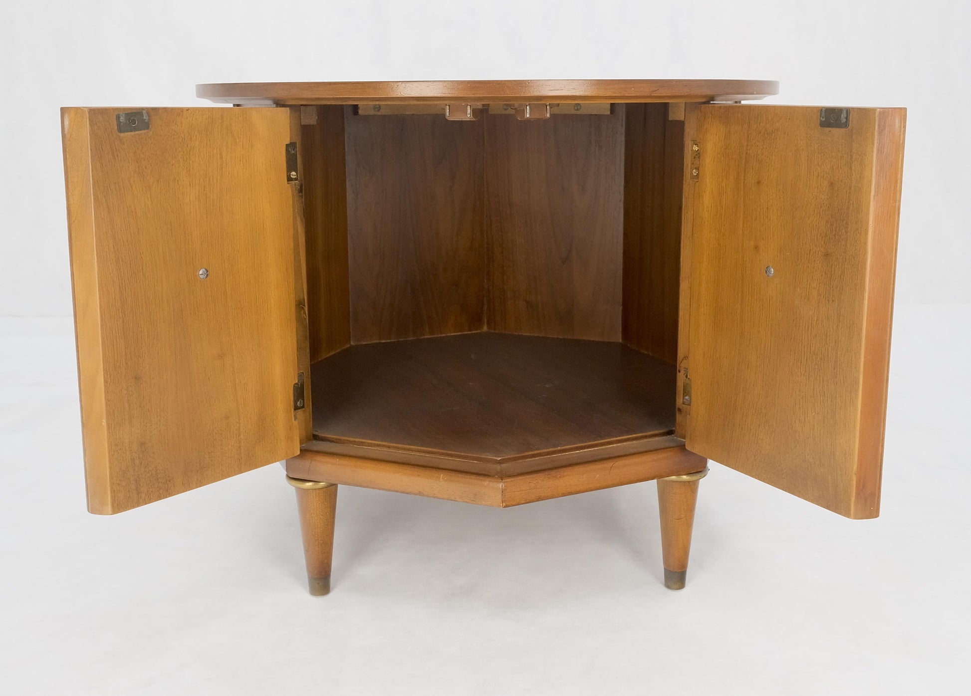 EstablishedLines Round Top Hexagon Two Door Cabinet Base Brass Ring Pulls Walnut Side End Table