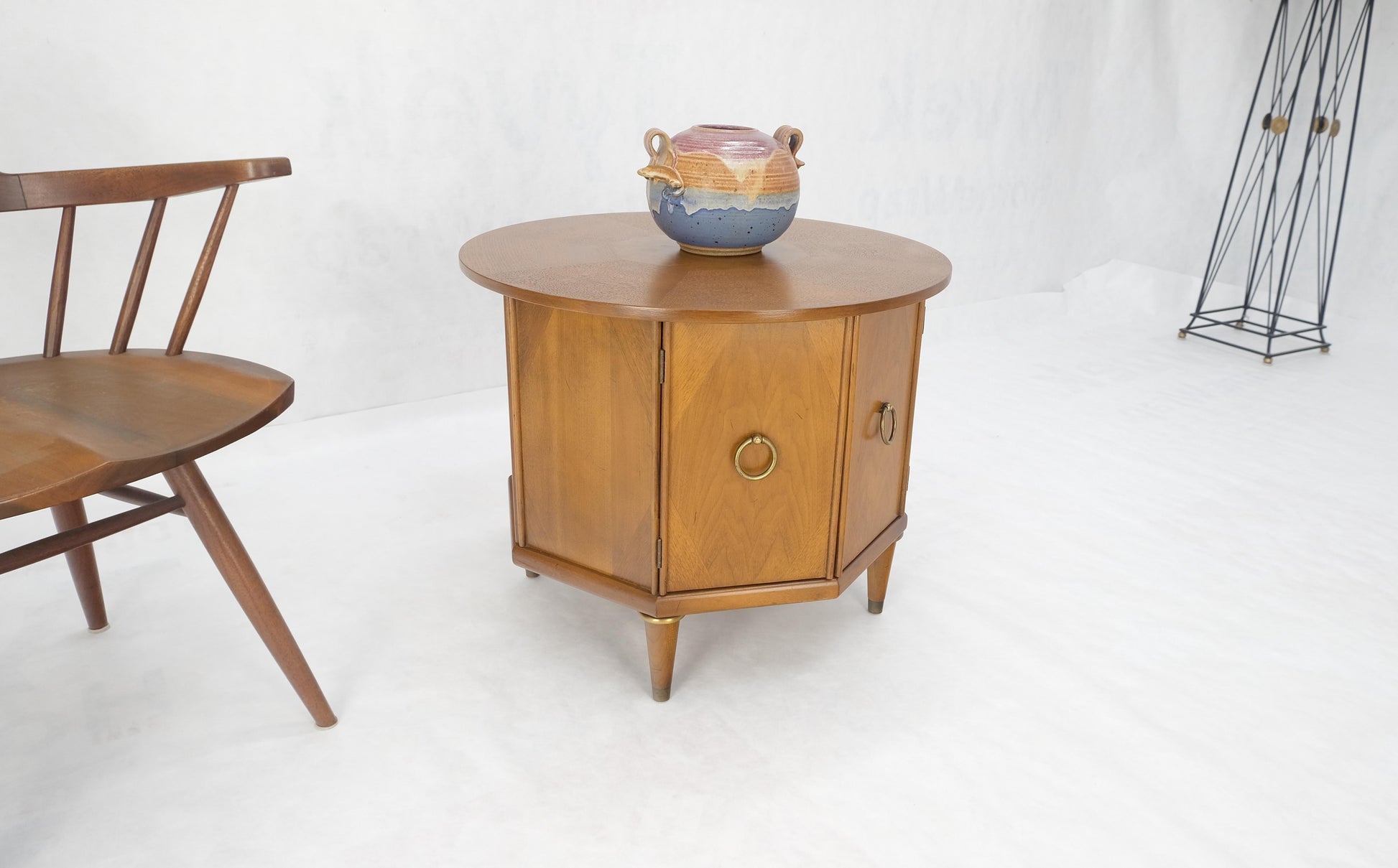 EstablishedLines Round Top Hexagon Two Door Cabinet Base Brass Ring Pulls Walnut Side End Table