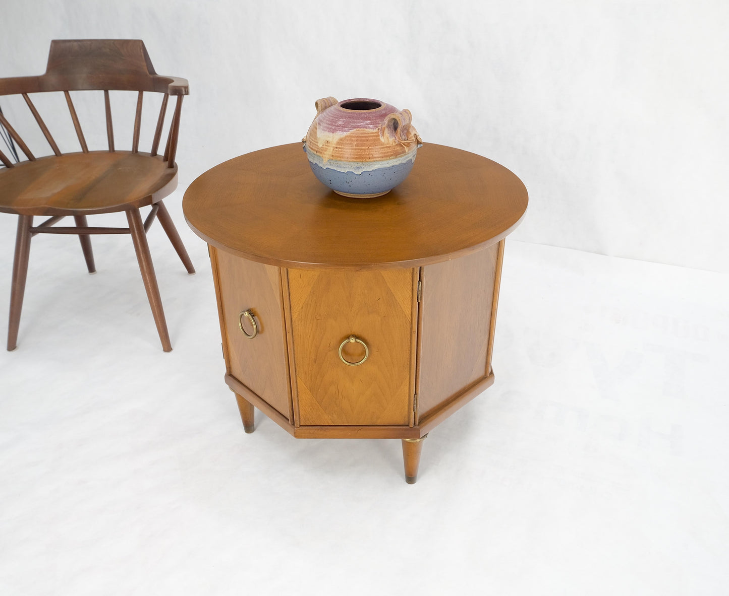EstablishedLines Round Top Hexagon Two Door Cabinet Base Brass Ring Pulls Walnut Side End Table