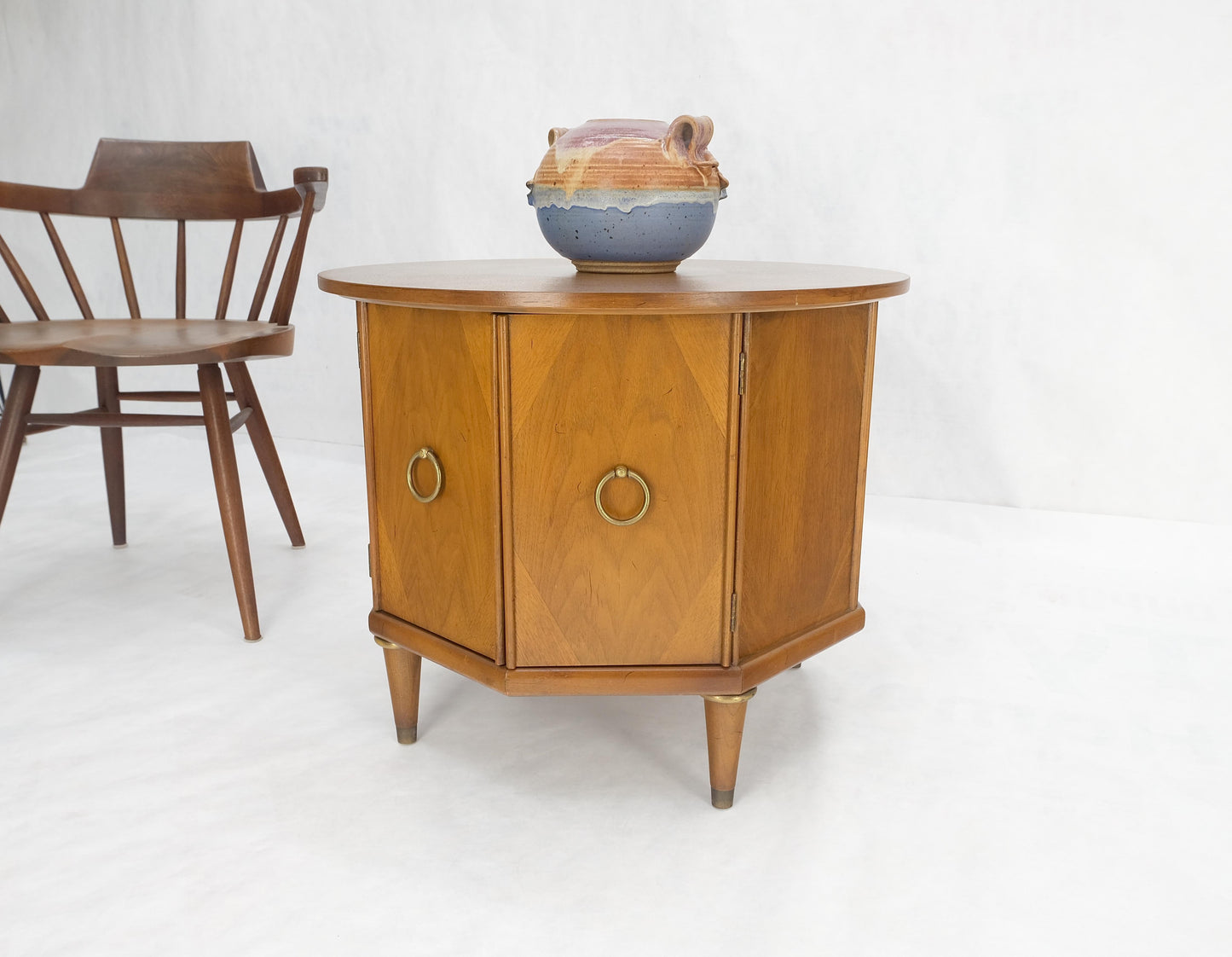 EstablishedLines Round Top Hexagon Two Door Cabinet Base Brass Ring Pulls Walnut Side End Table