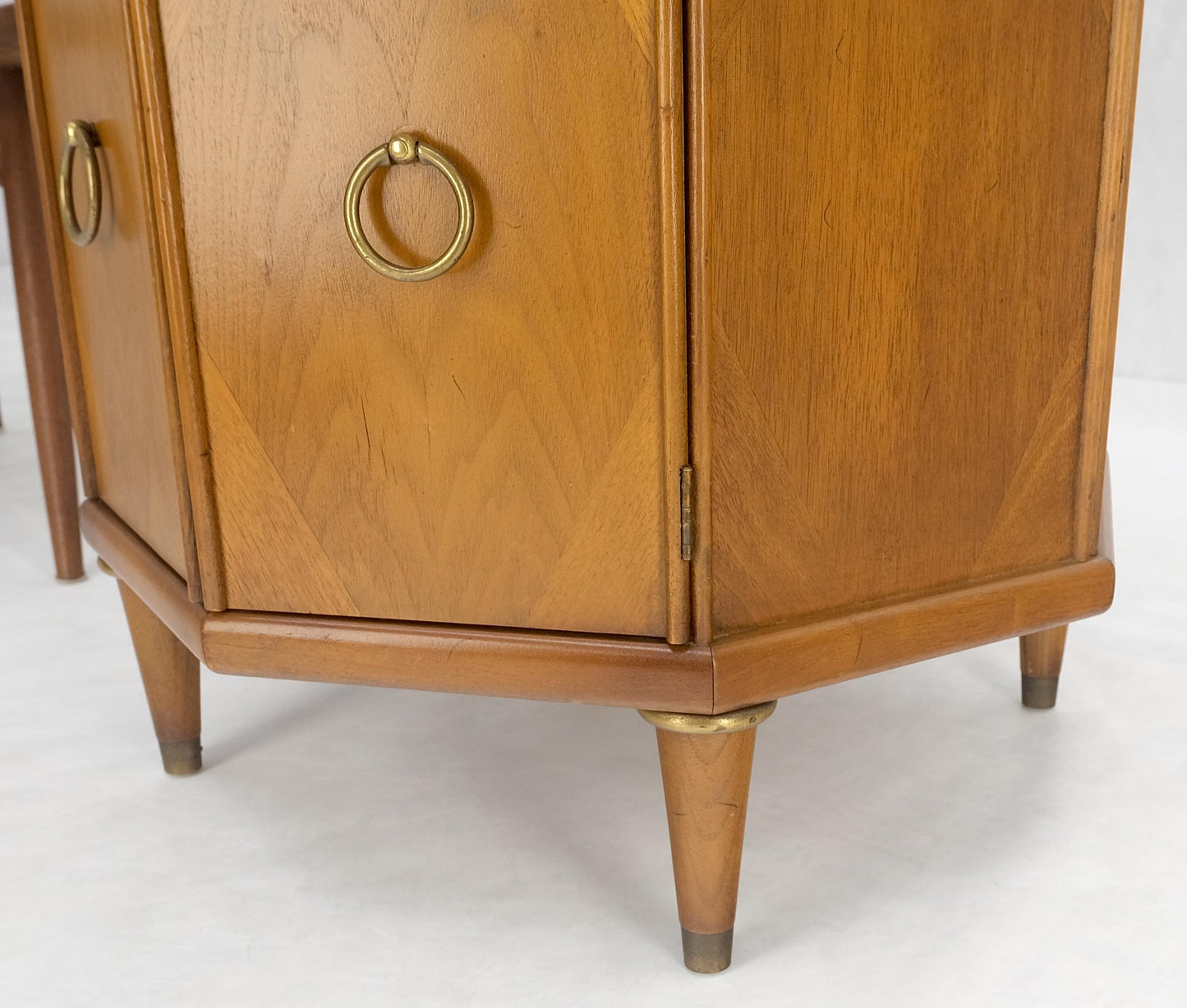 EstablishedLines Round Top Hexagon Two Door Cabinet Base Brass Ring Pulls Walnut Side End Table