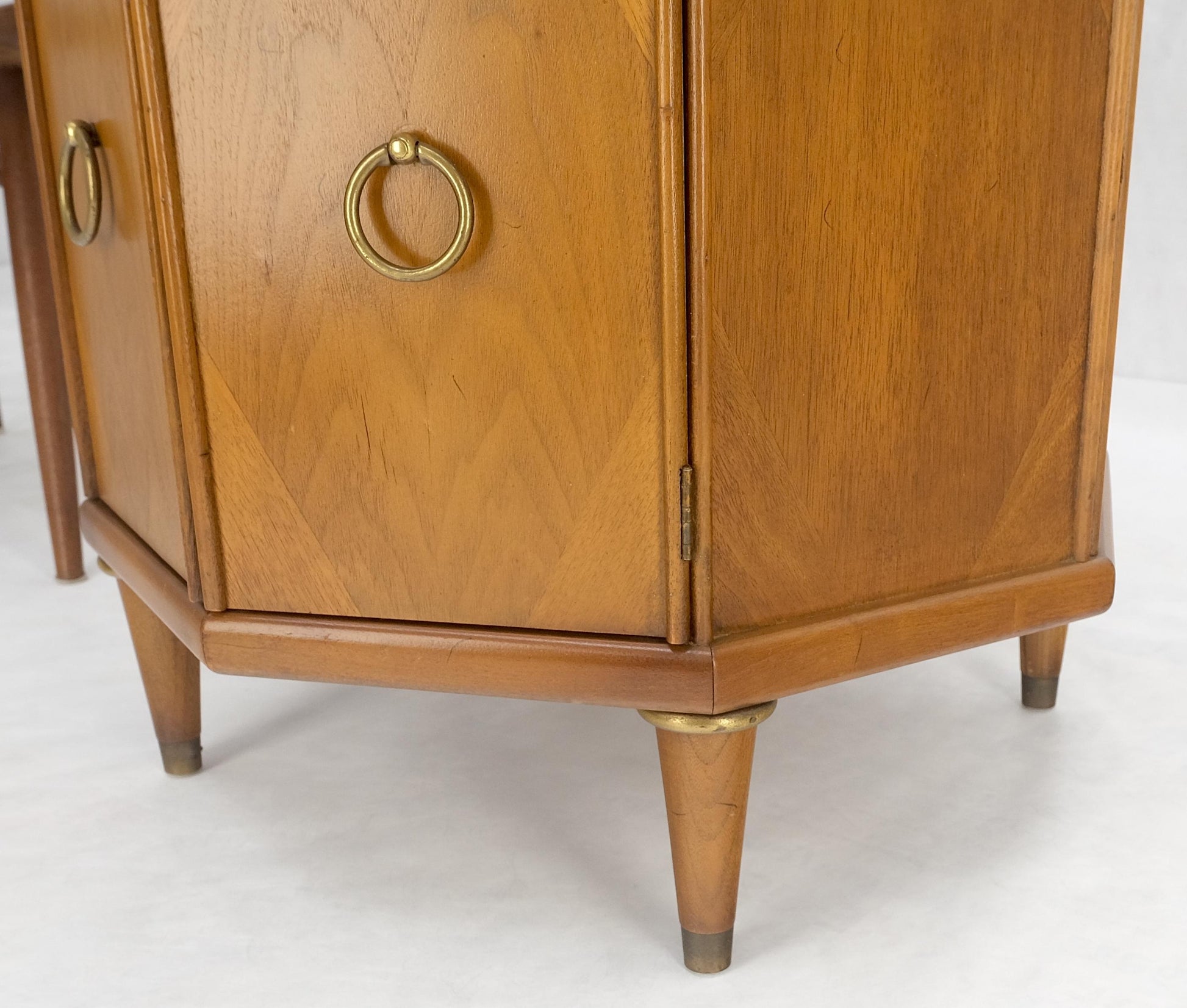 EstablishedLines Round Top Hexagon Two Door Cabinet Base Brass Ring Pulls Walnut Side End Table