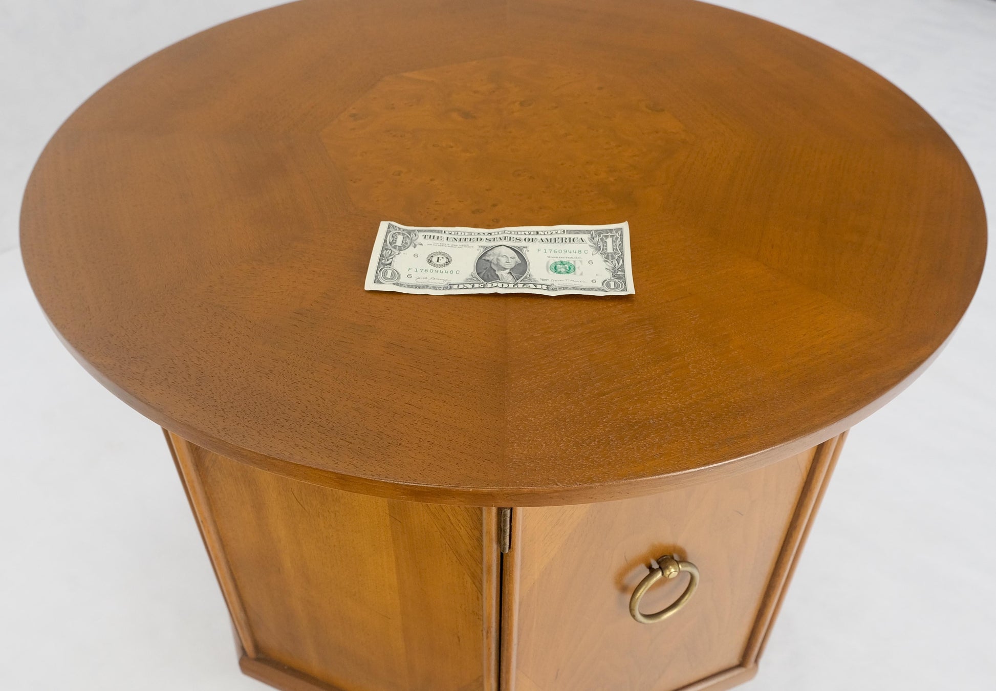 EstablishedLines Round Top Hexagon Two Door Cabinet Base Brass Ring Pulls Walnut Side End Table