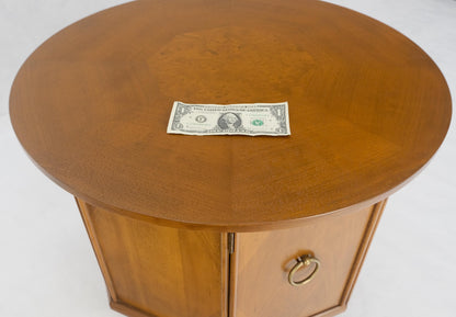 EstablishedLines Round Top Hexagon Two Door Cabinet Base Brass Ring Pulls Walnut Side End Table