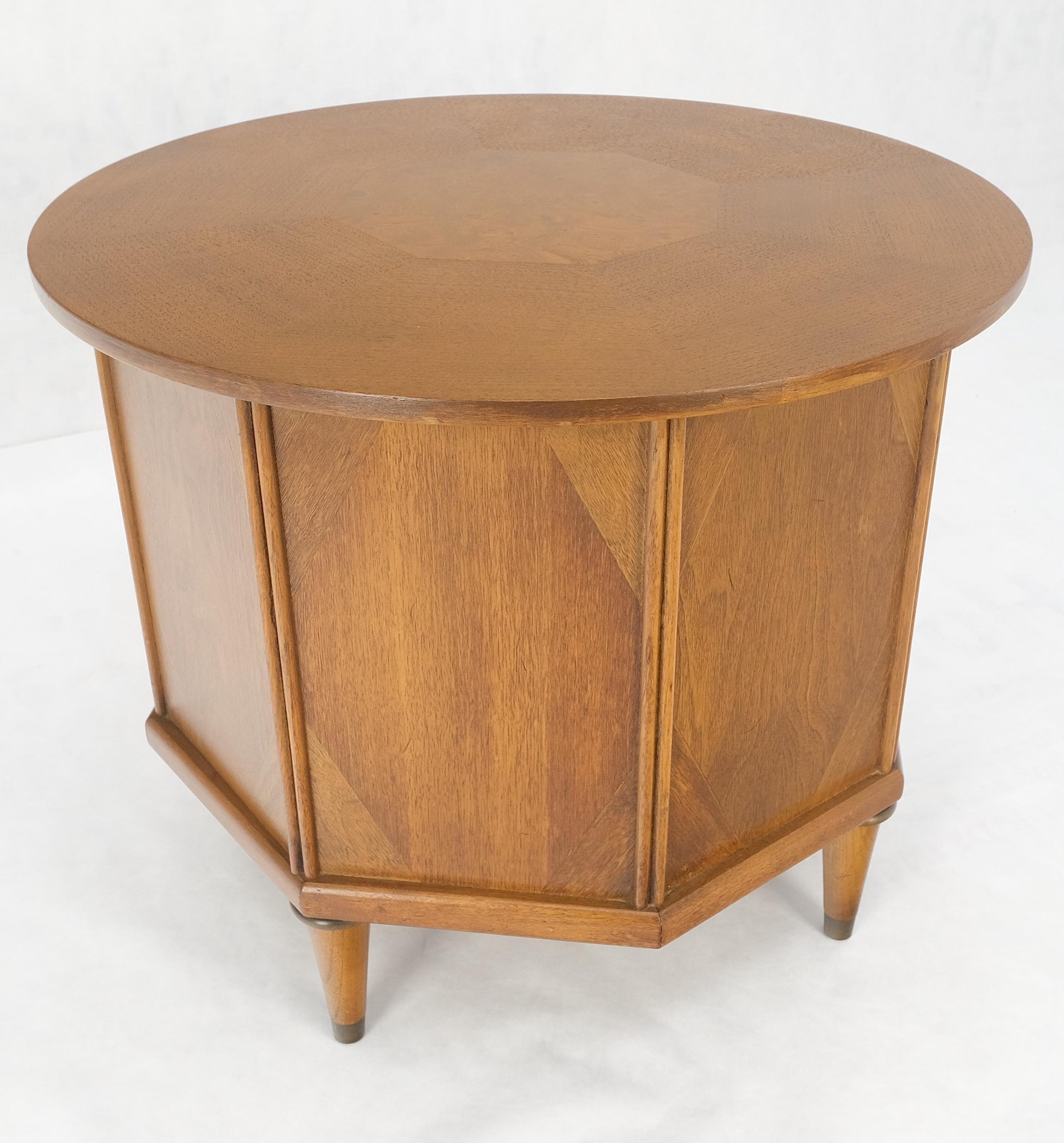 EstablishedLines Round Top Hexagon Two Door Cabinet Base Brass Ring Pulls Walnut Side End Table
