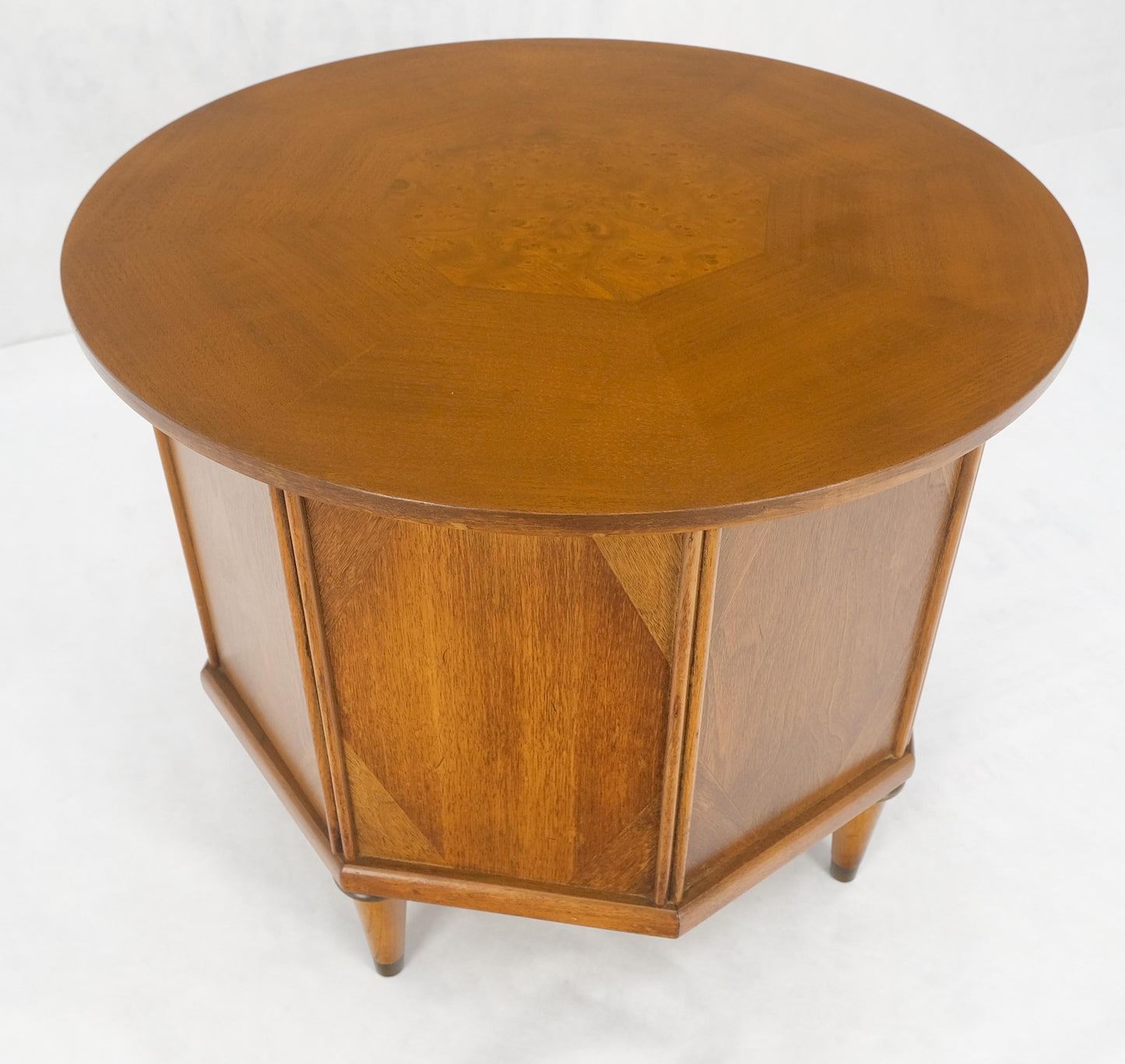 EstablishedLines Round Top Hexagon Two Door Cabinet Base Brass Ring Pulls Walnut Side End Table