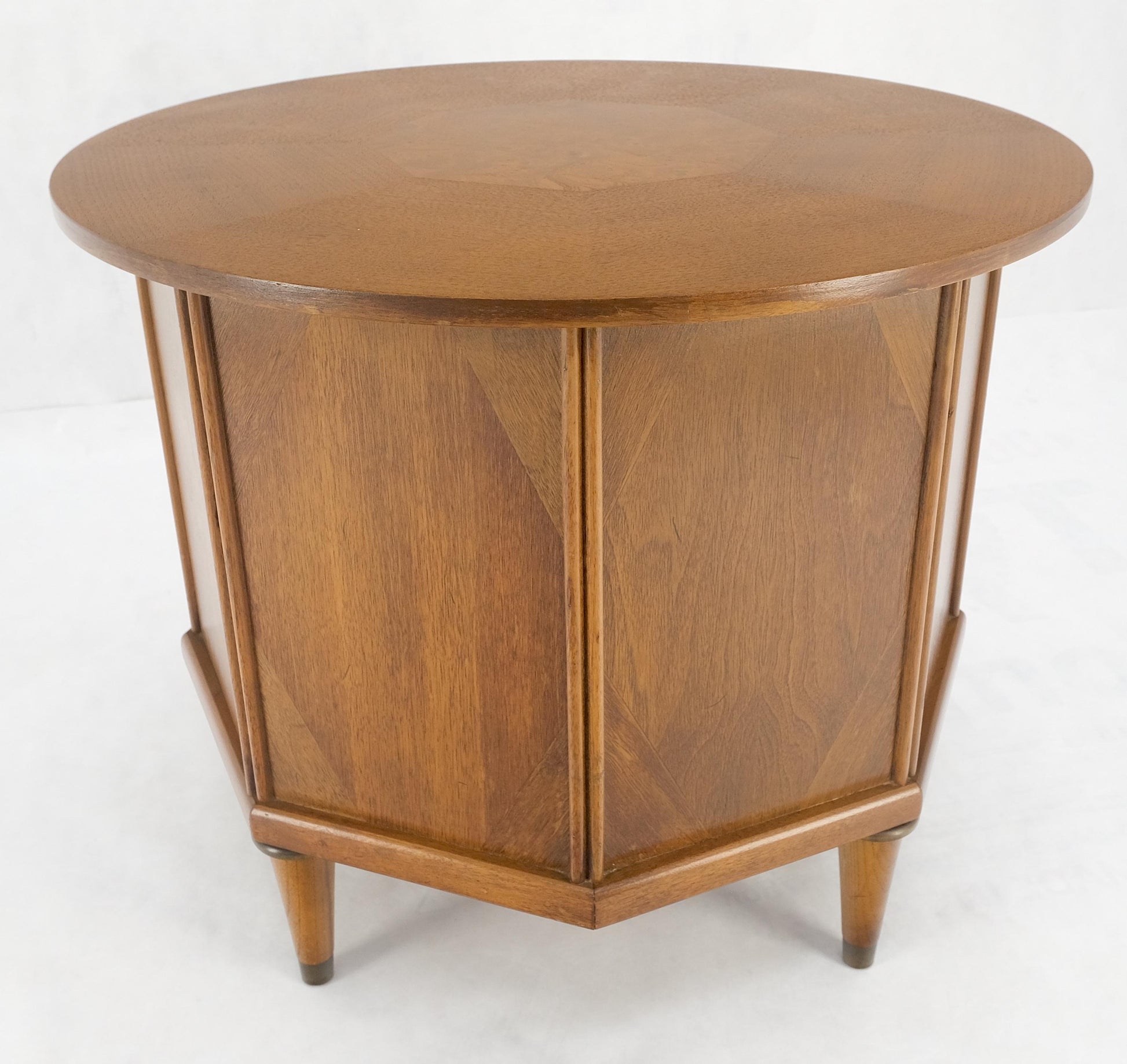 EstablishedLines Round Top Hexagon Two Door Cabinet Base Brass Ring Pulls Walnut Side End Table
