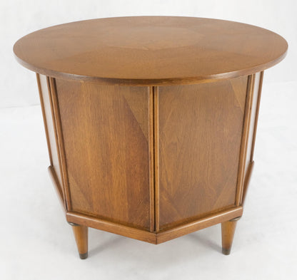 EstablishedLines Round Top Hexagon Two Door Cabinet Base Brass Ring Pulls Walnut Side End Table