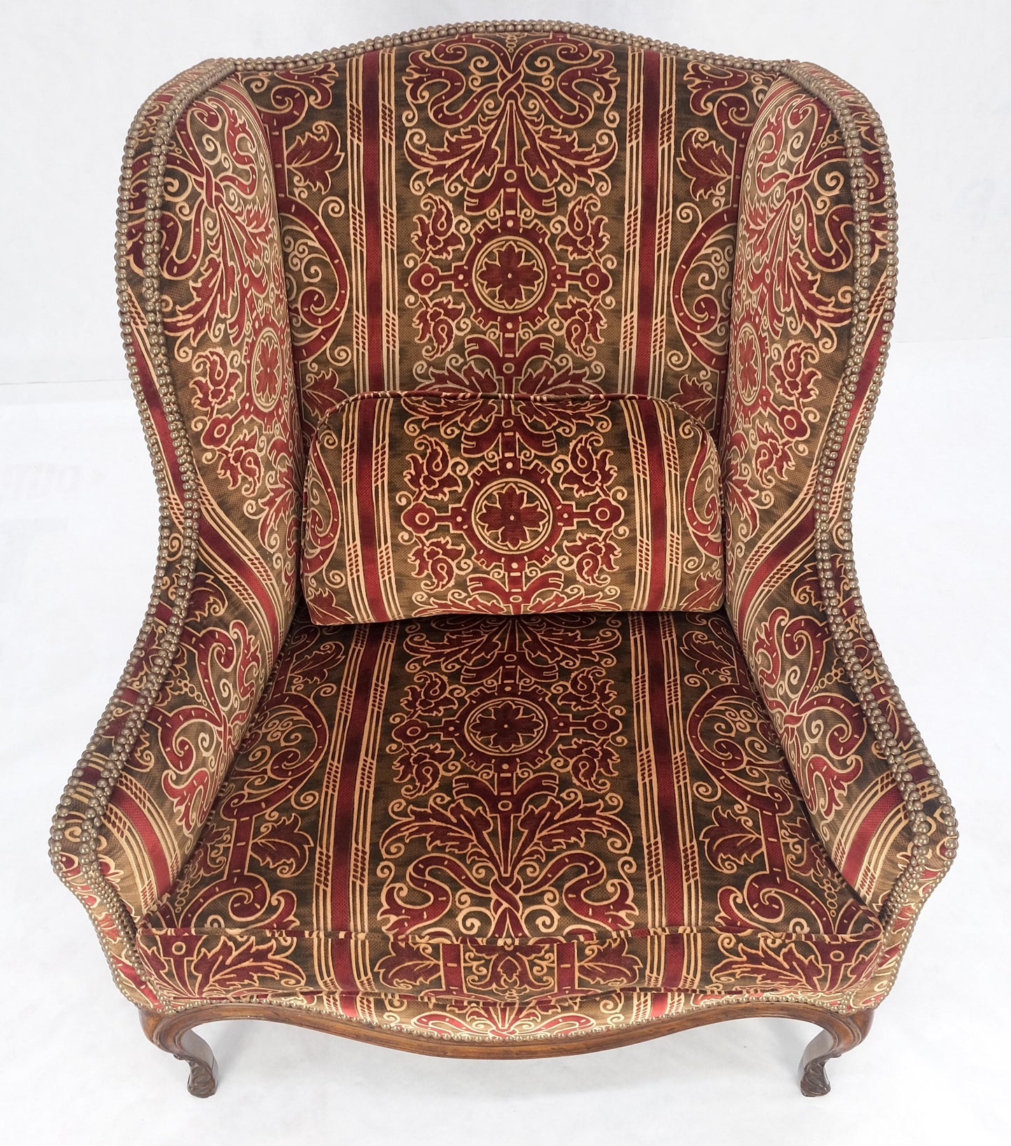 EstablishedLines Red Gold Brass Tacks Upholstery Carved Mahogany Base Legs Large Wing Chair MINT!
