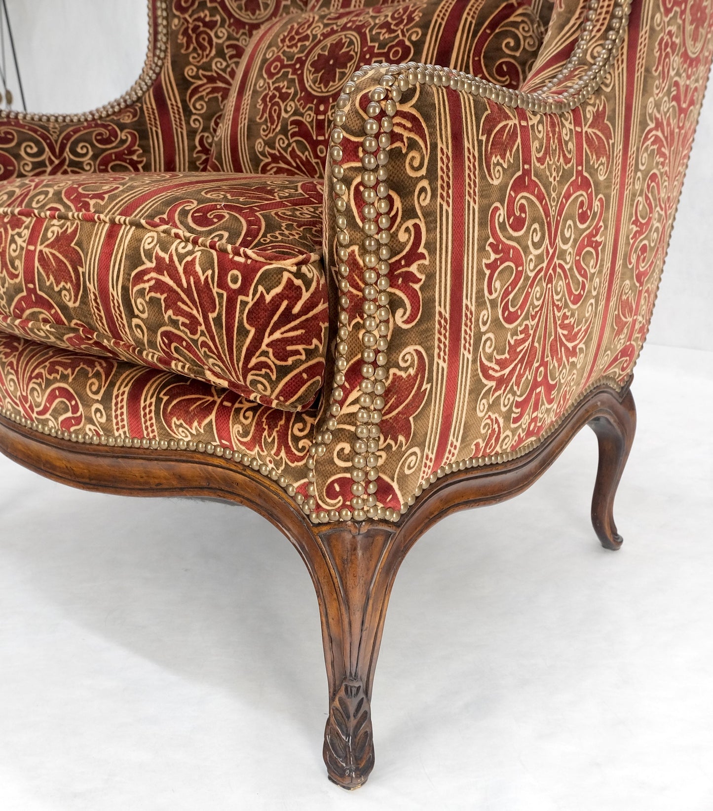 EstablishedLines Red Gold Brass Tacks Upholstery Carved Mahogany Base Legs Large Wing Chair MINT!