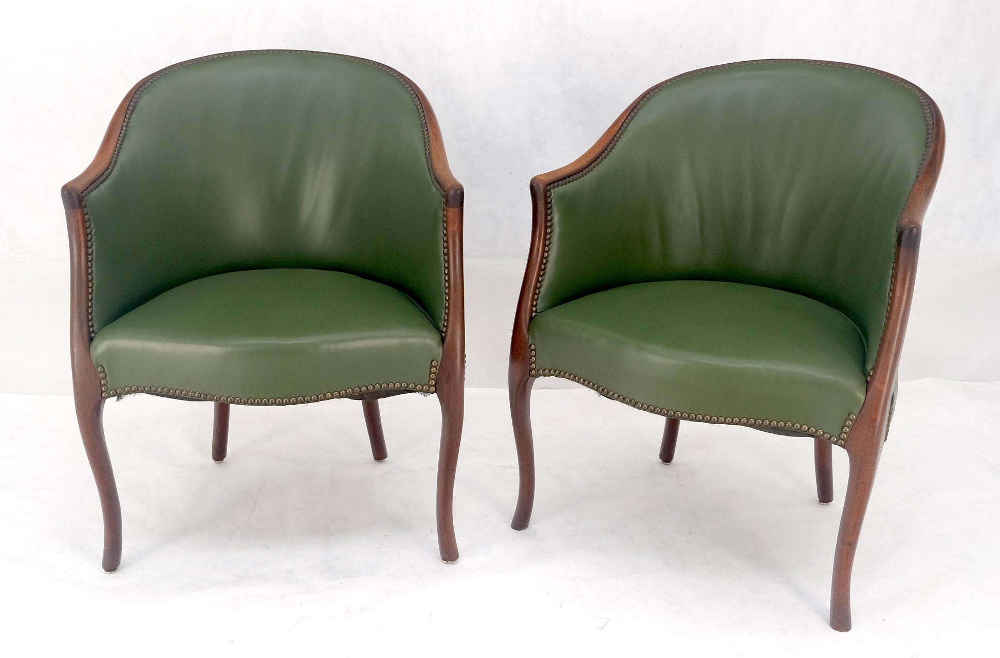 EstablishedLines Pair Very Fine Solid Mahogany Barrel Back Leather Leather Upholstery Armchairs