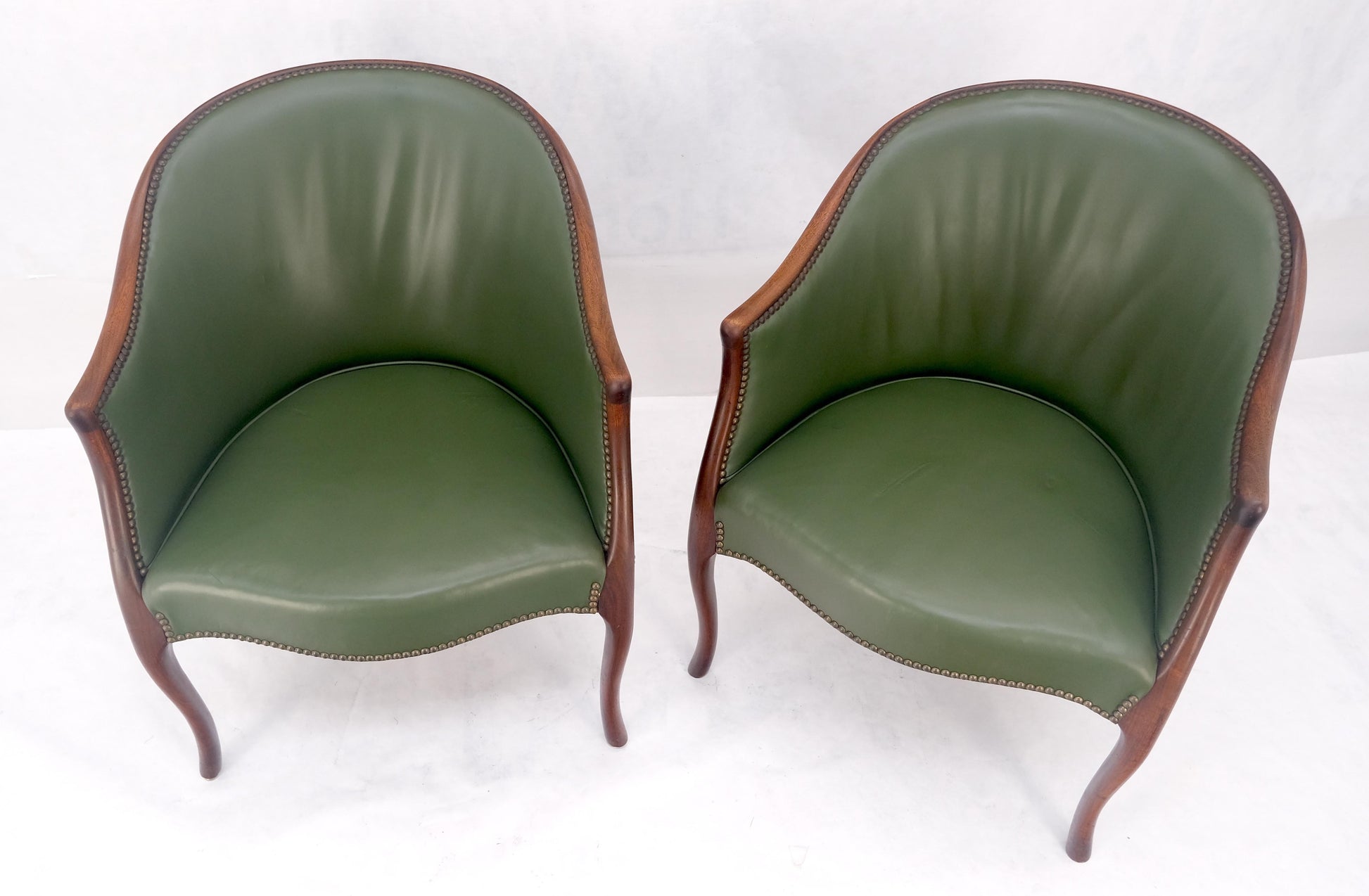 EstablishedLines Pair Very Fine Solid Mahogany Barrel Back Leather Leather Upholstery Armchairs