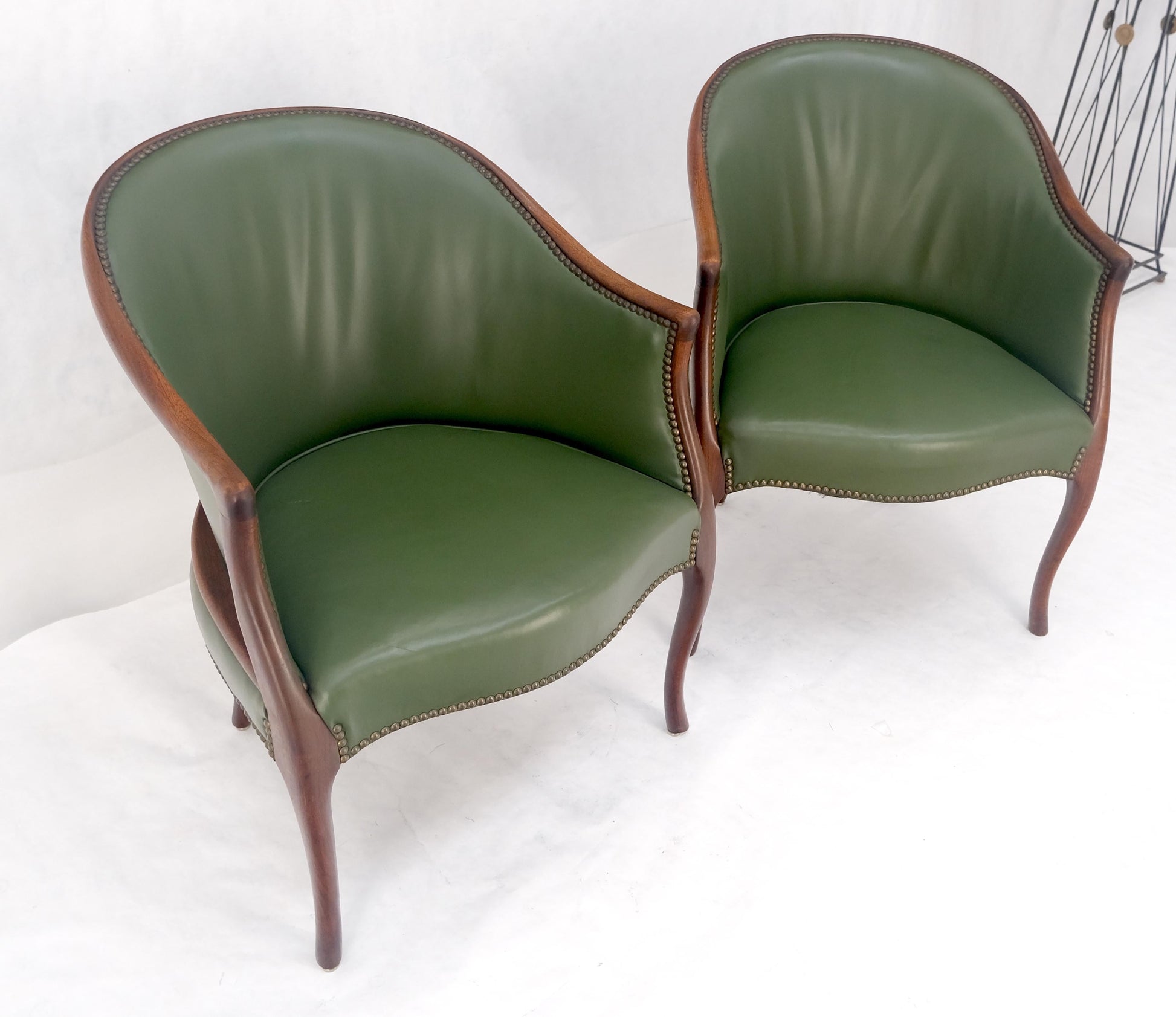 EstablishedLines Pair Very Fine Solid Mahogany Barrel Back Leather Leather Upholstery Armchairs