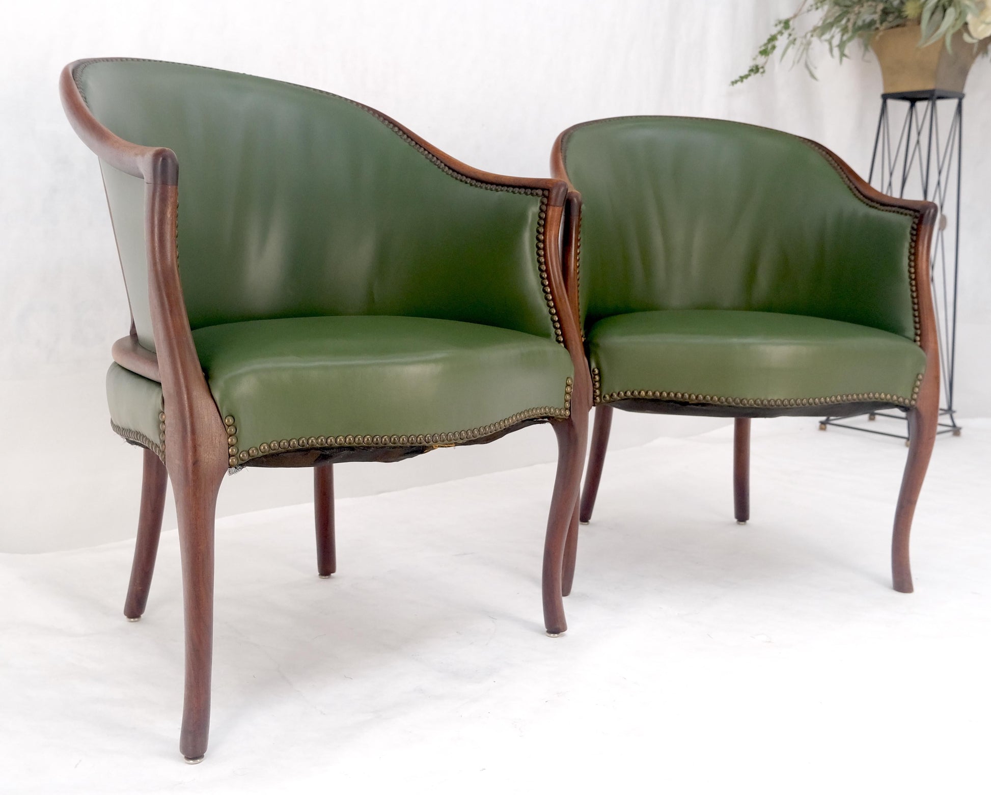 EstablishedLines Pair Very Fine Solid Mahogany Barrel Back Leather Leather Upholstery Armchairs