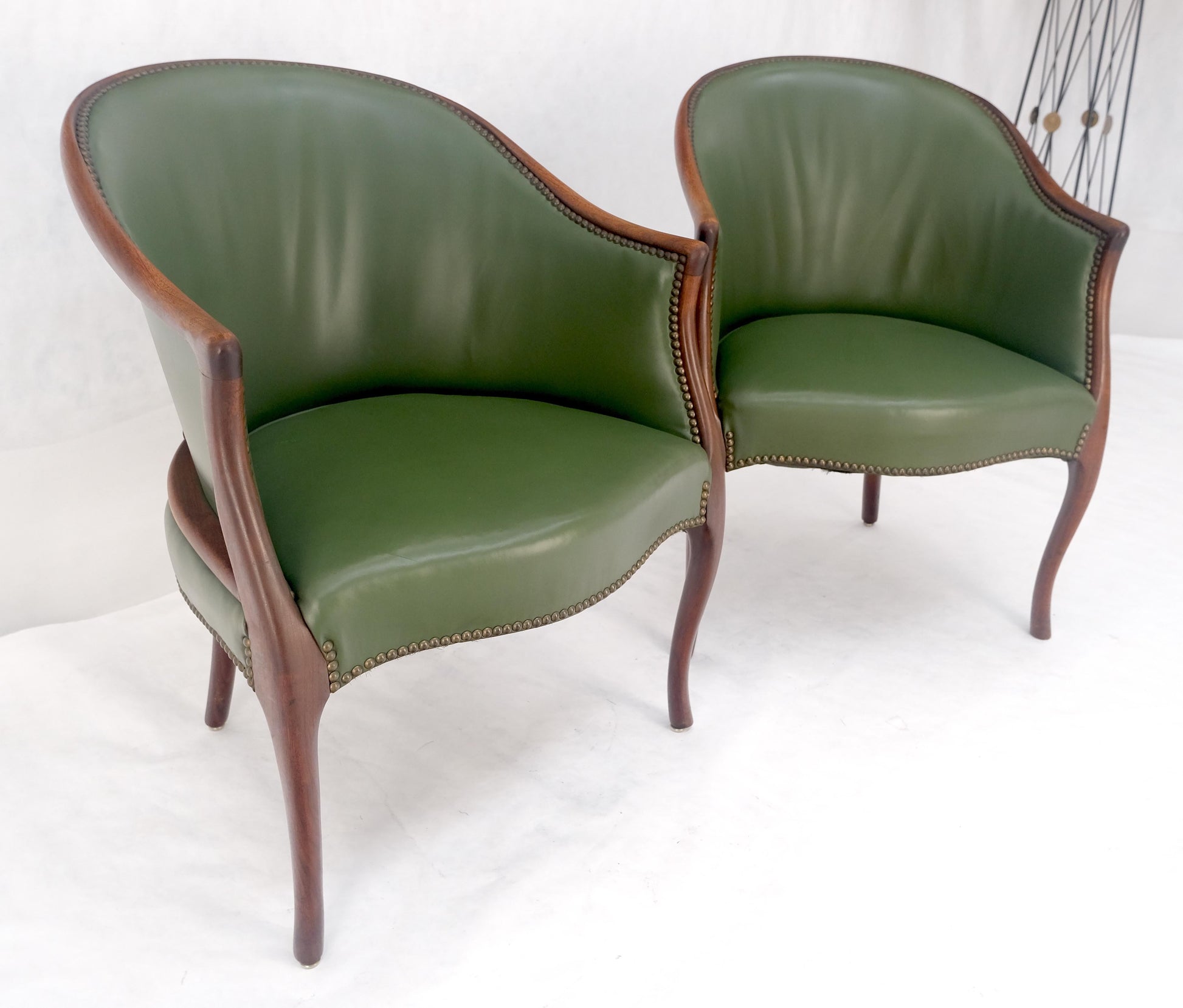 EstablishedLines Pair Very Fine Solid Mahogany Barrel Back Leather Leather Upholstery Armchairs